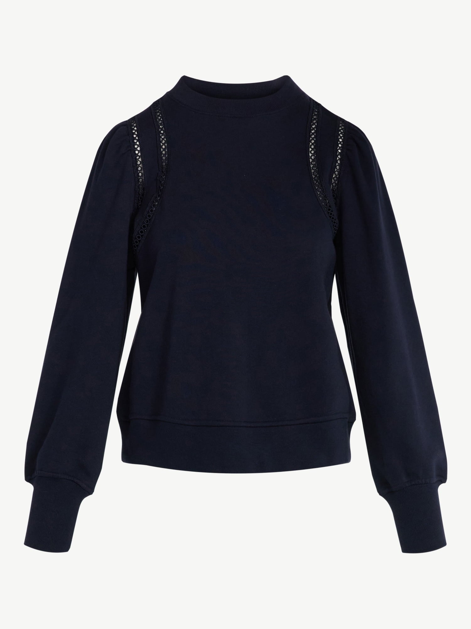 Free Assembly Women's French Terry Sweatshirt with Lace Inset and Long Puff Sleeves, Sizes XS-XXL