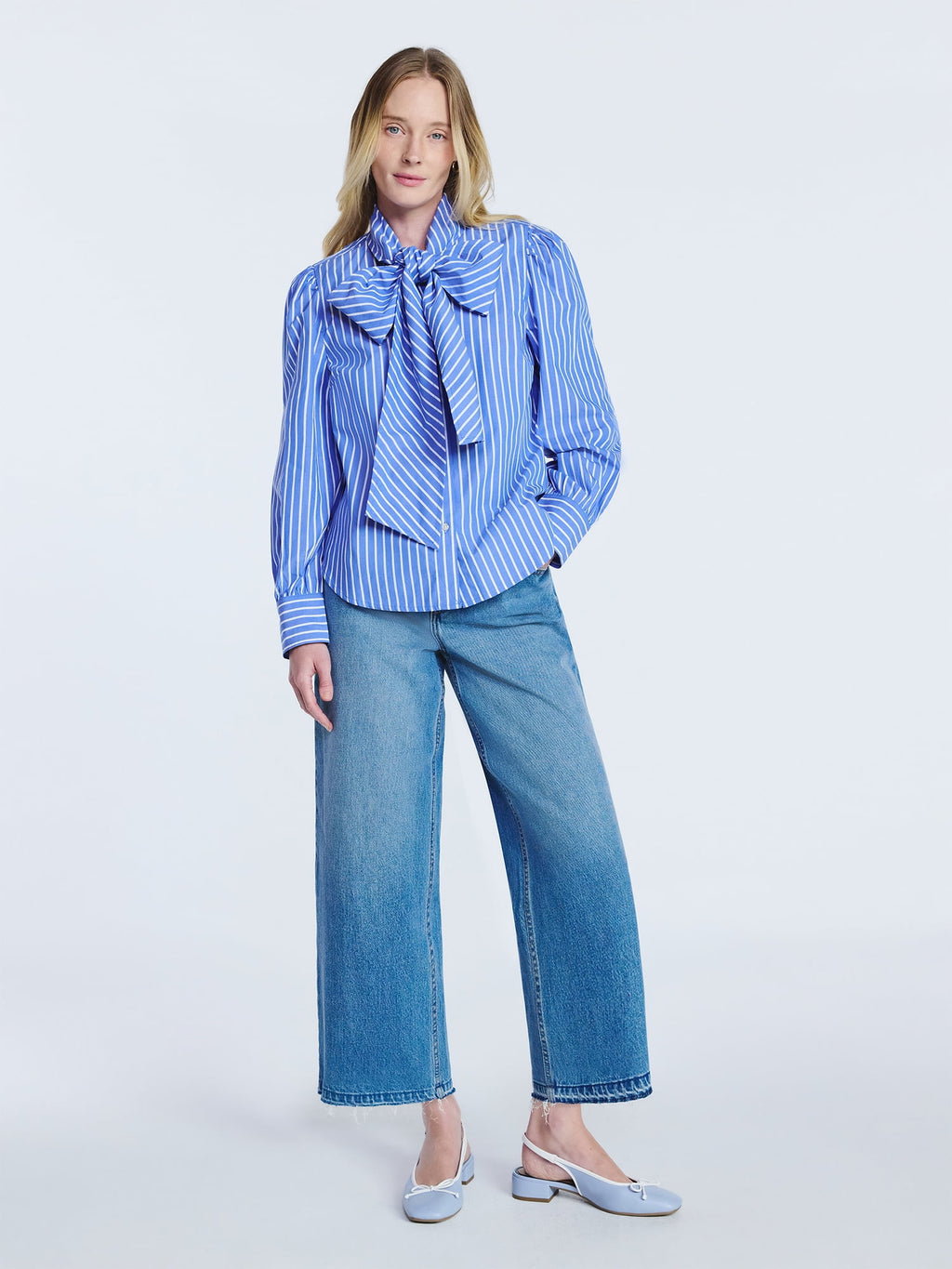 Free Assembly Women's Cotton Tie Neck Blouse with Long Puff Sleeves, Sizes XS-XXL