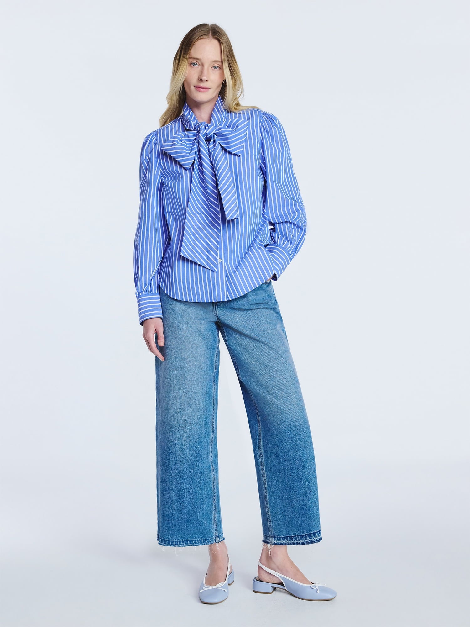 Free Assembly Women's Cotton Tie Neck Blouse with Long Puff Sleeves, Sizes XS-XXL