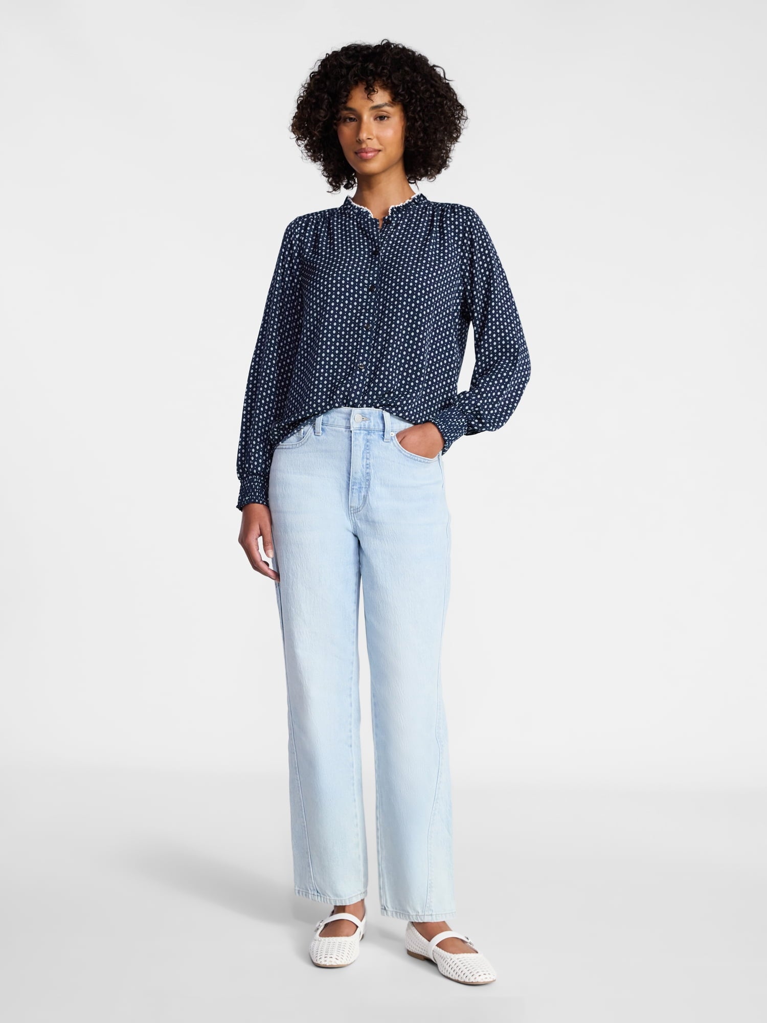 Time and Tru Women's Ruffle Button Down Blouse with Long Sleeves, Sizes XS-XXXL