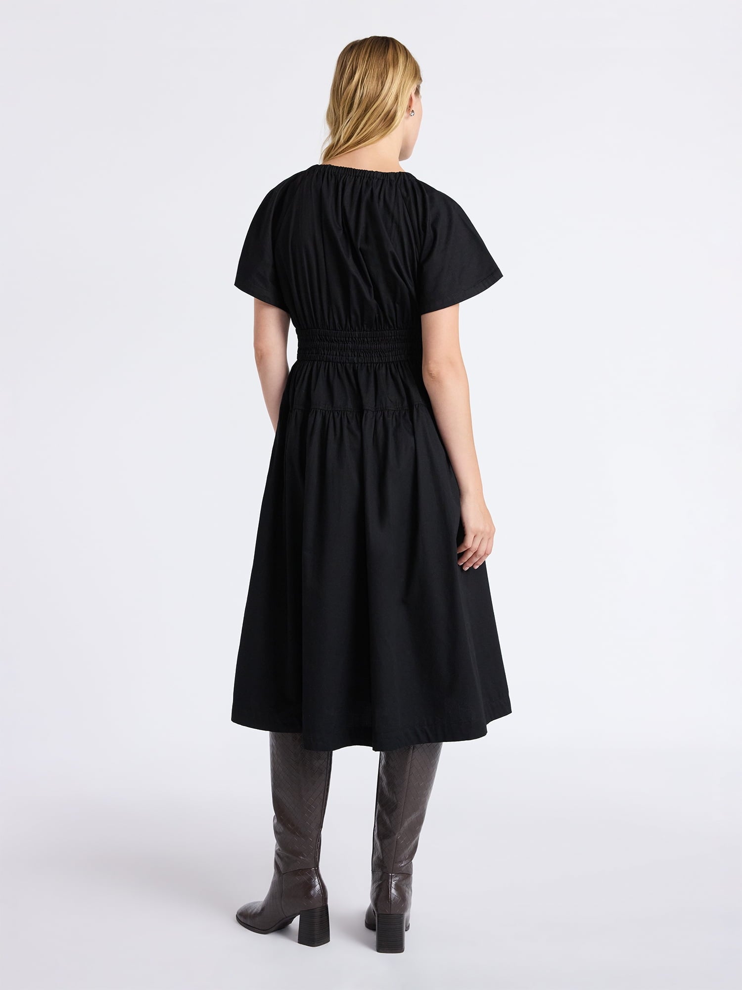 Free Assembly Women's and Women's Plus Cotton Smocked Waist Midi Dress with Flutter Sleeves, Sizes XS-4X