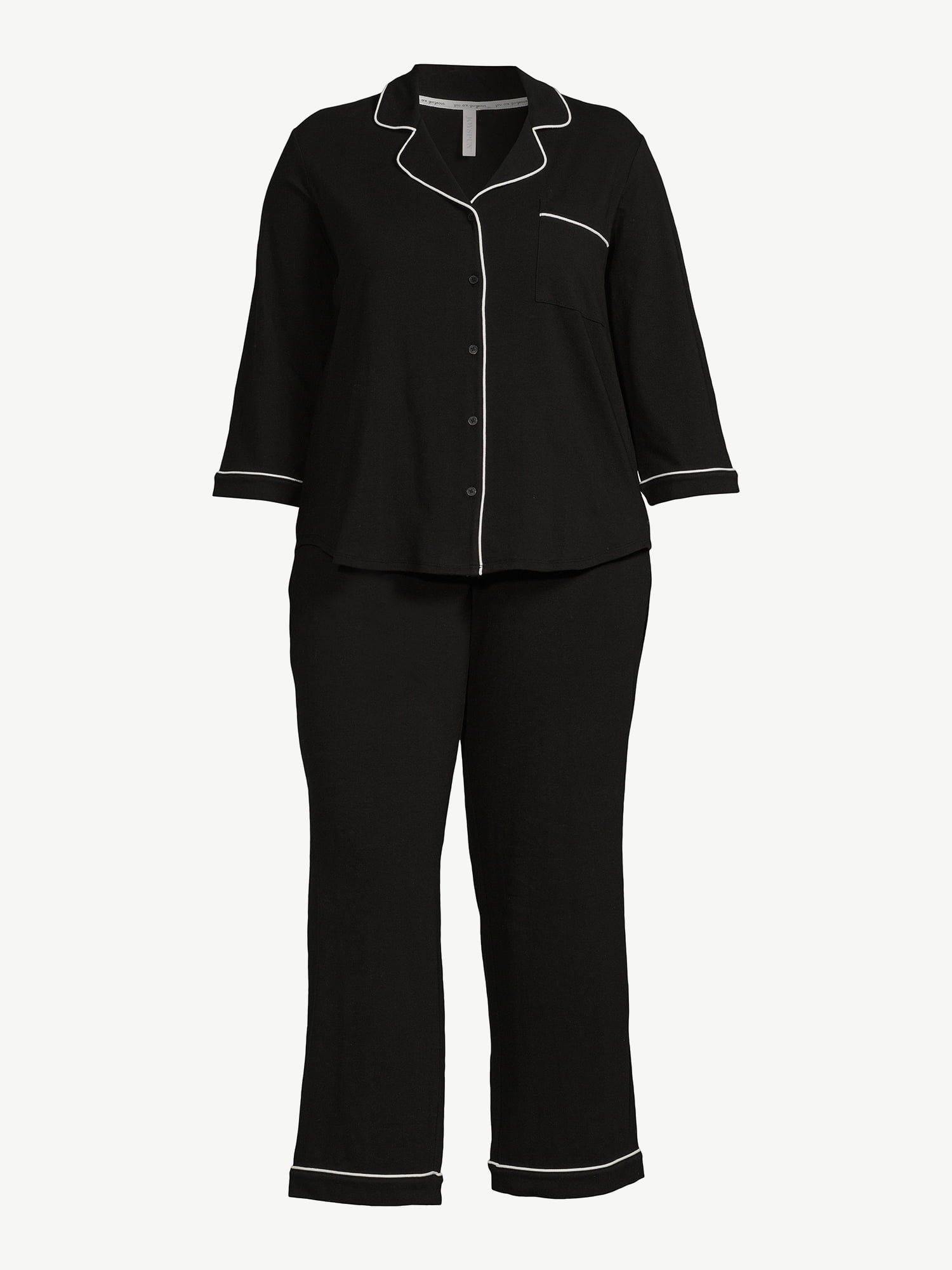 Joyspun Women’s Cotton Blend Notch Collar Top and Pants Pajama Set, 2-Piece, Sizes S-4X