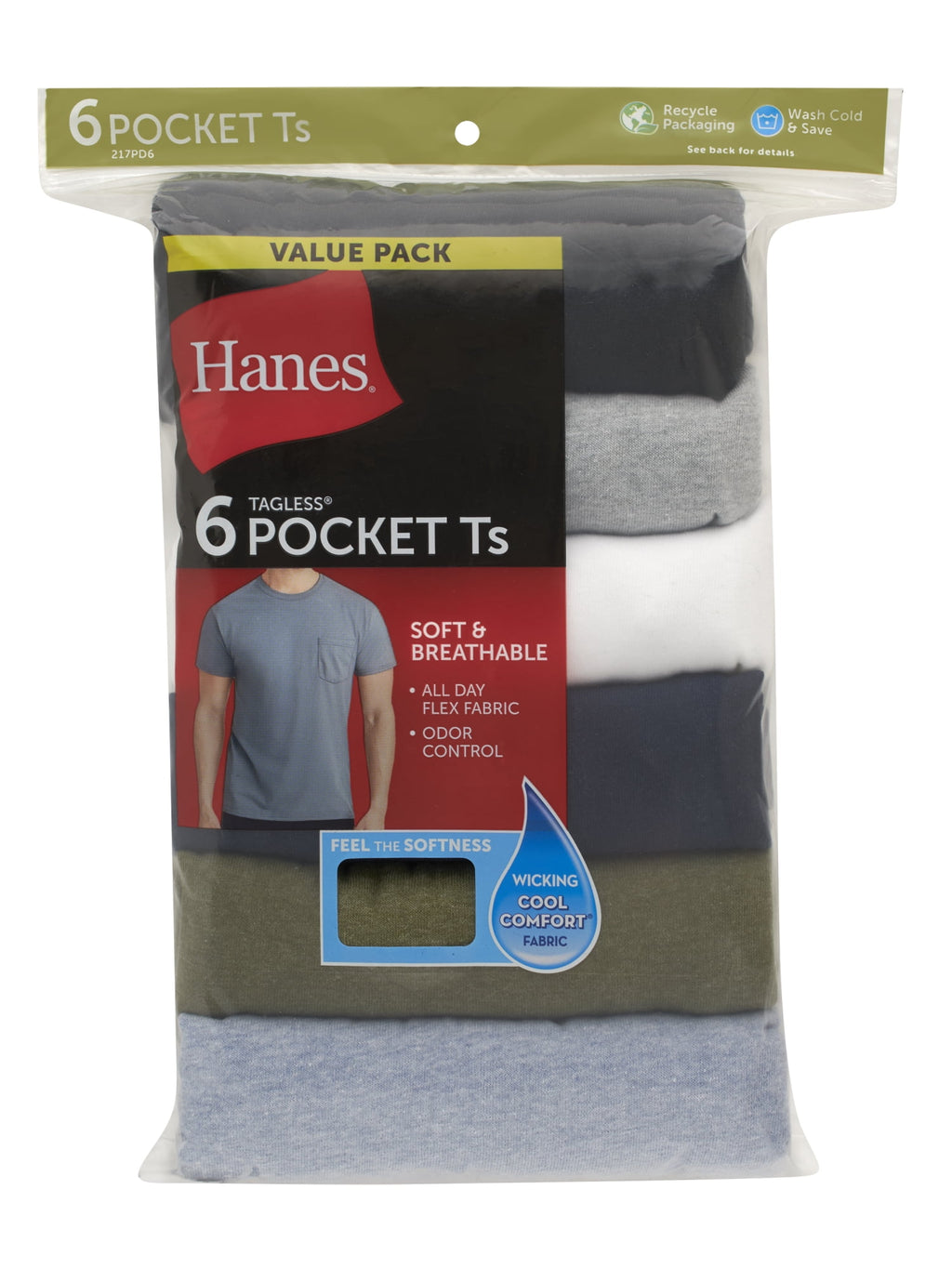 Hanes Men's Value Pack Assorted Pocket T-Shirt Undershirts, 6 Pack