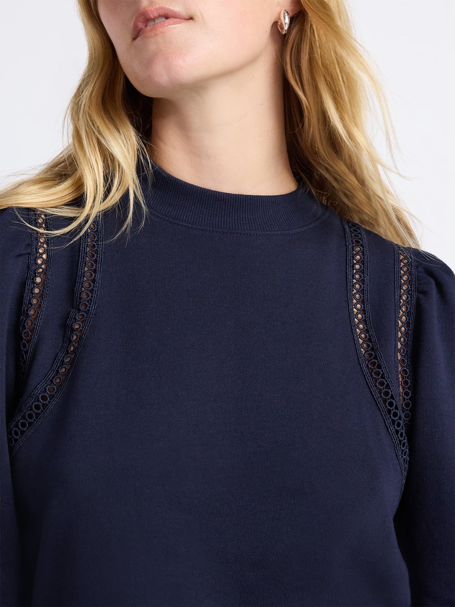 Free Assembly Women's French Terry Sweatshirt with Lace Inset and Long Puff Sleeves, Sizes XS-XXL