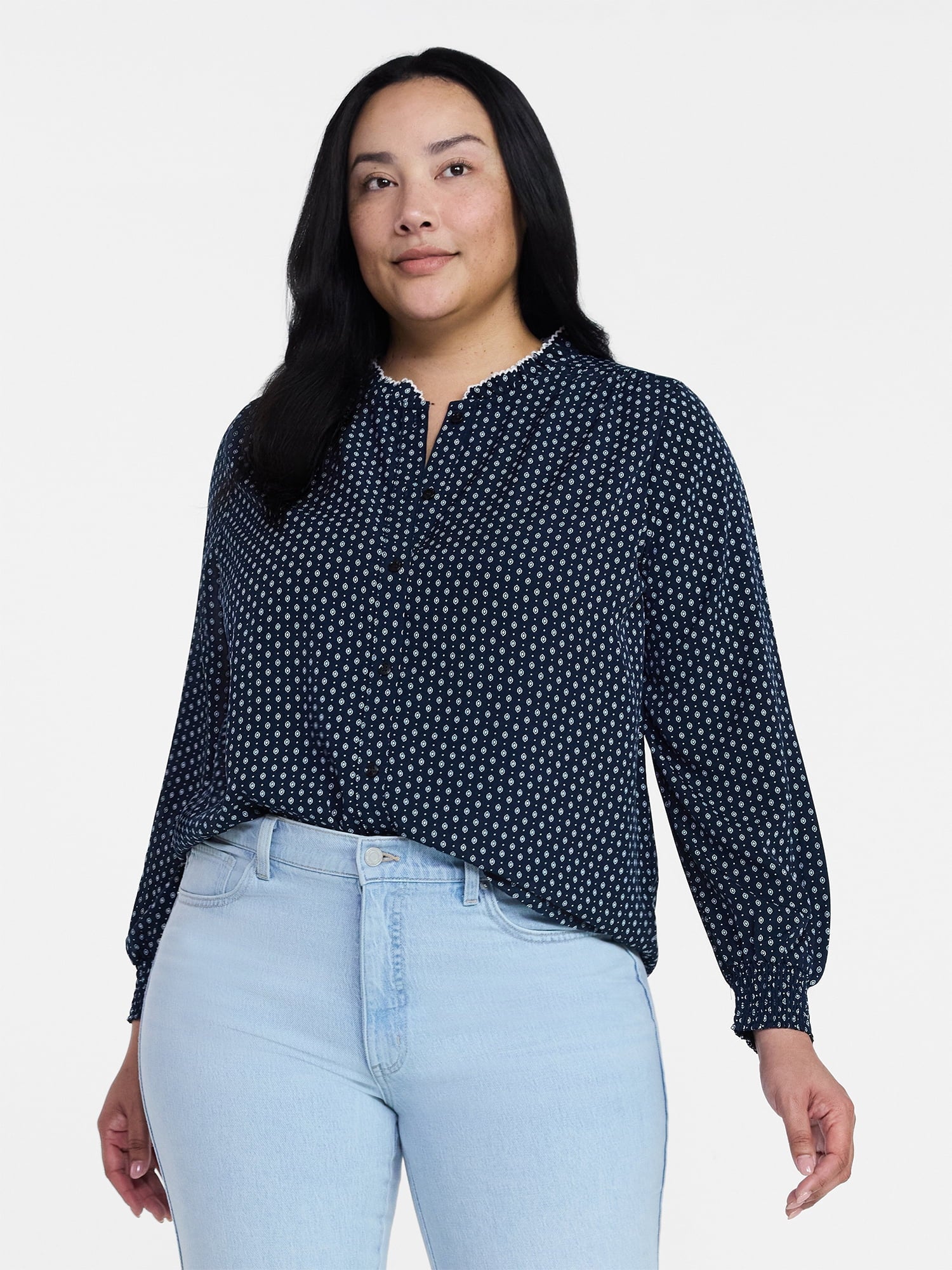 Time and Tru Women's Ruffle Button Down Blouse with Long Sleeves, Sizes XS-XXXL