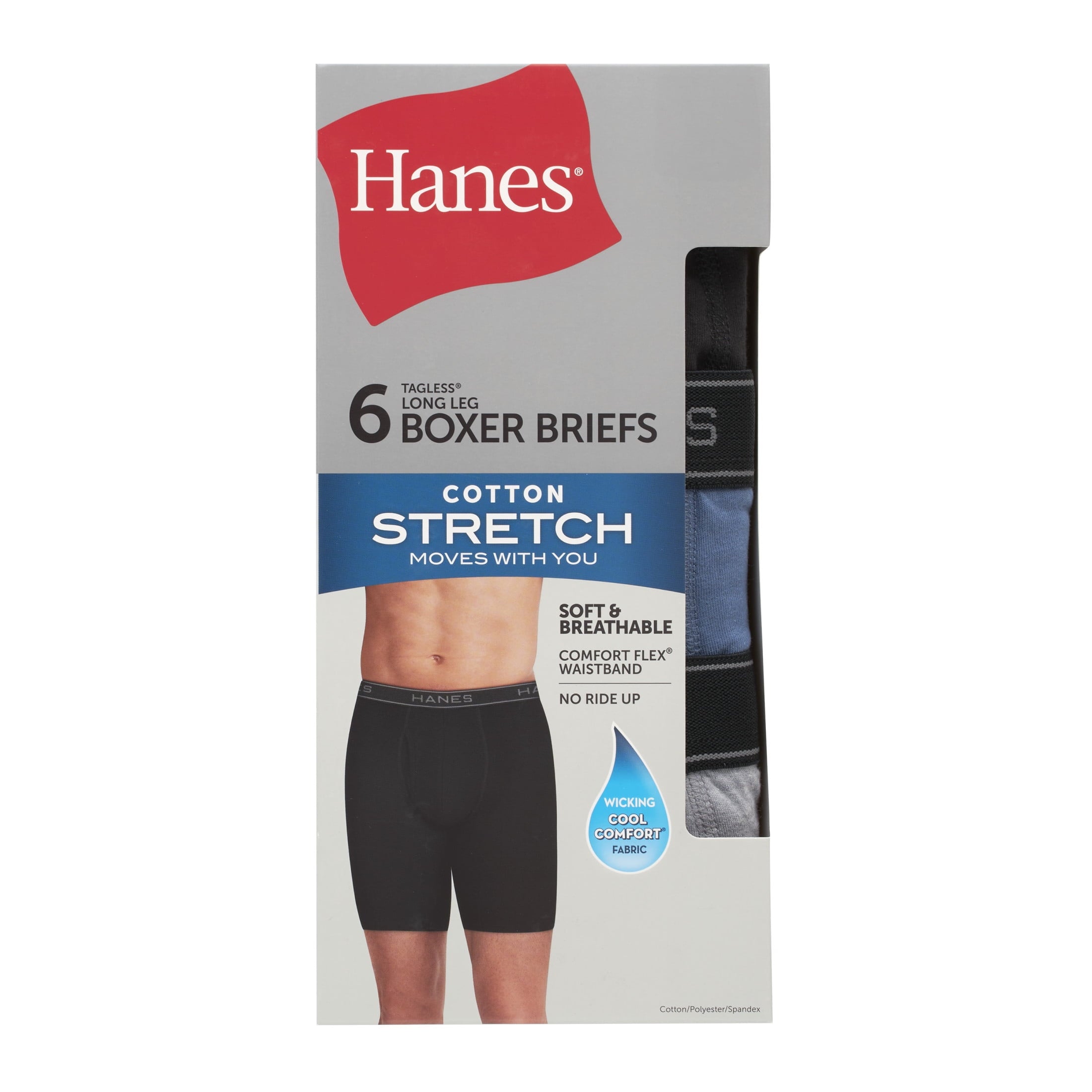 Hanes Men’s Long Leg Boxer Brief Underwear Pack, Cotton Stretch, Assorted, 6-Pack