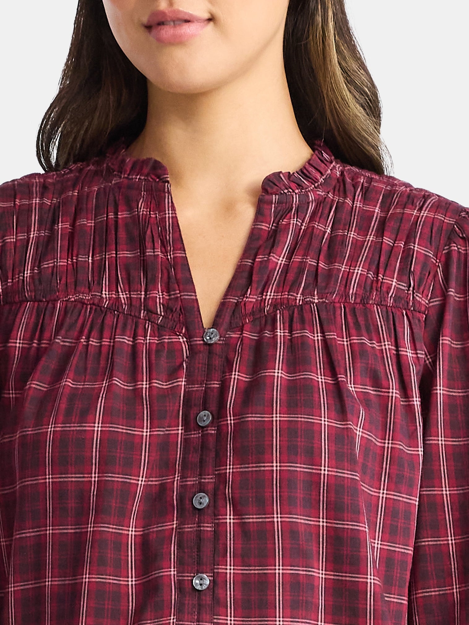 Time and Tru Women's Ruched Yoke Blouse with Long Sleeves, Sizes XS-XXXL