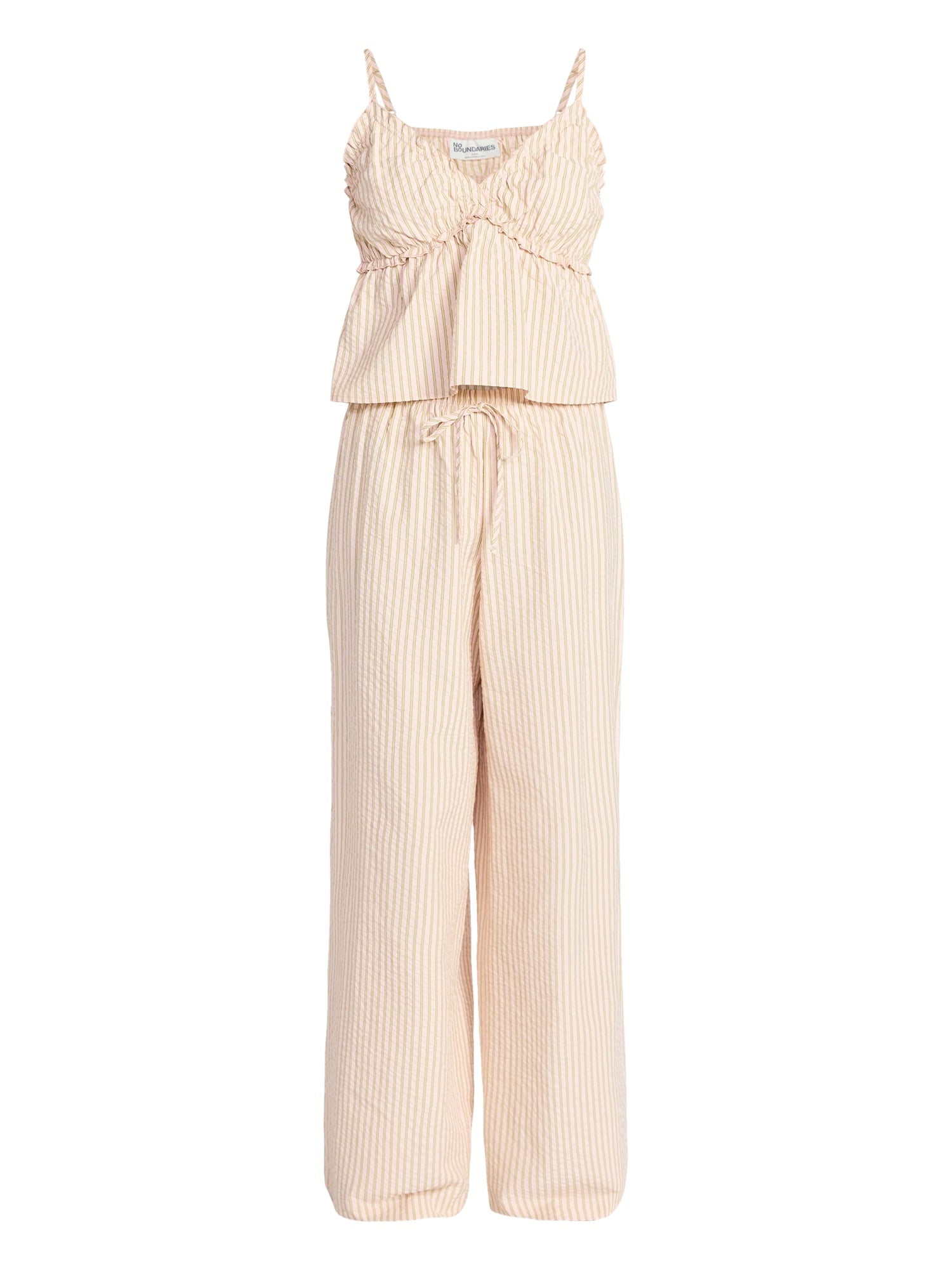 No Boundaries Striped Seersucker Ruffle Cami and Drawstring Pants Set, 2-Piece, Women's XXS-4X
