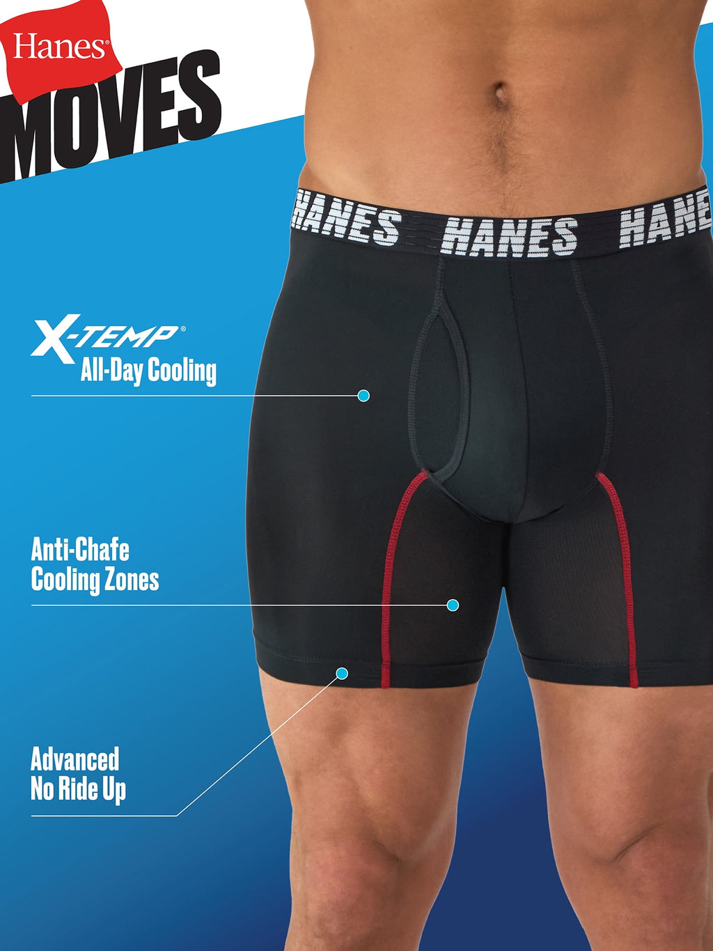Hanes Moves Men’s Anti-Chafe Boxer Brief, X-Temp, Blue/Black, 3-Pack, 6" Inseam