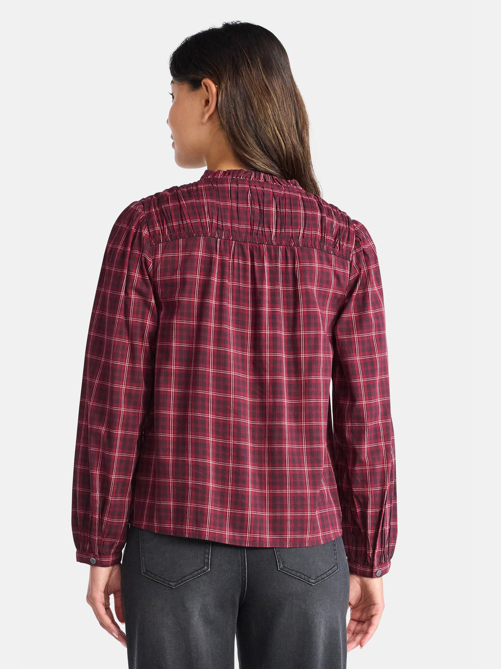 Time and Tru Women's Ruched Yoke Blouse with Long Sleeves, Sizes XS-XXXL