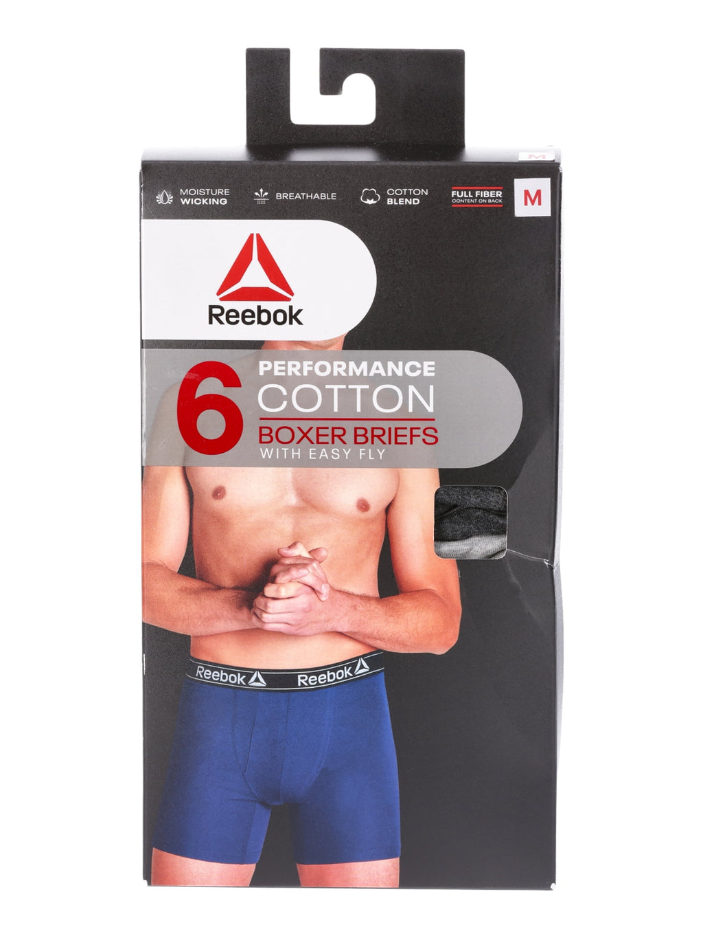Reebok Men's Underwear Performance Cotton Stretch Regular Leg Boxer Briefs, 6-Pack