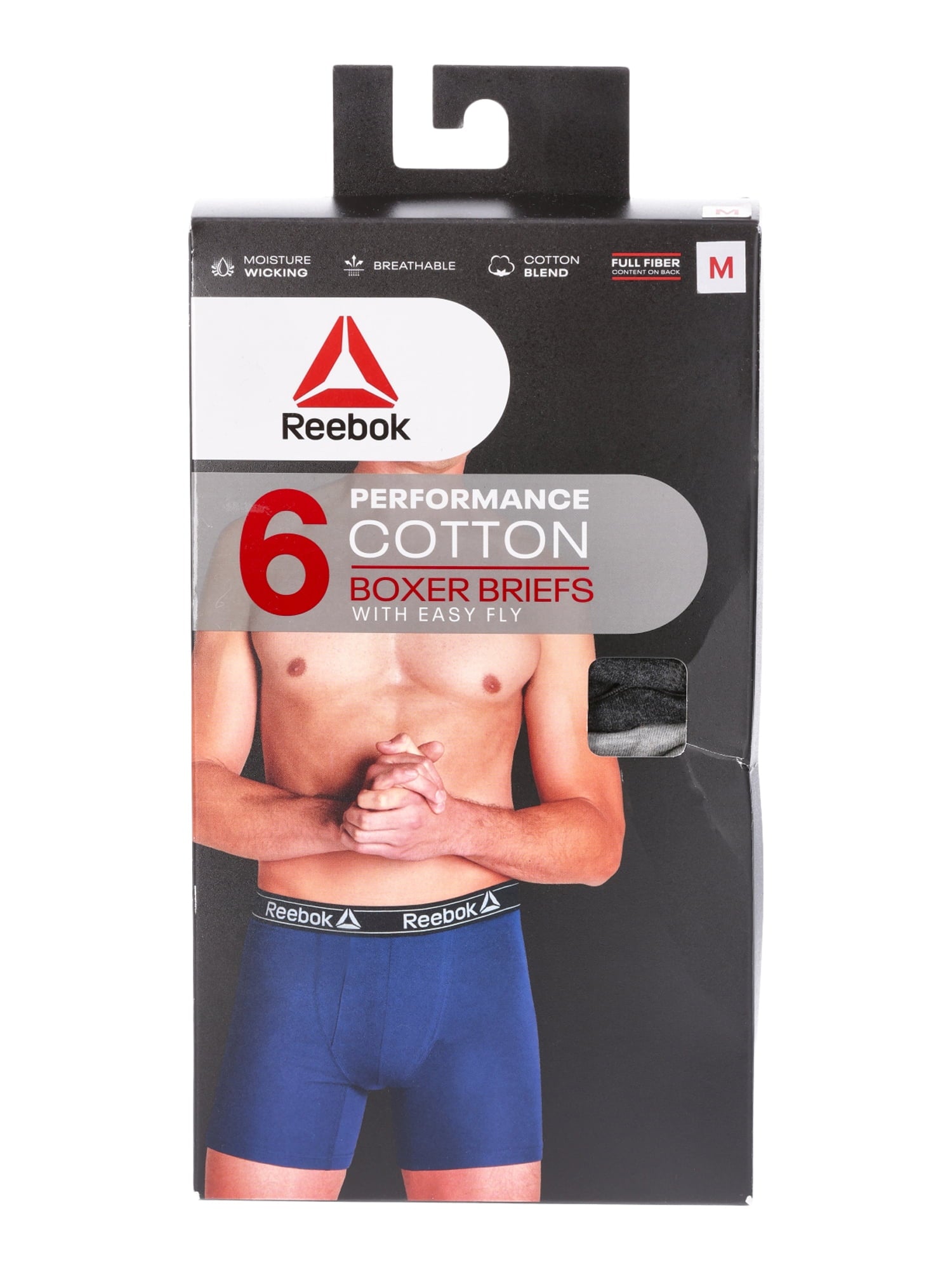 Reebok Men's Underwear Performance Cotton Stretch Regular Leg Boxer Briefs, 6-Pack