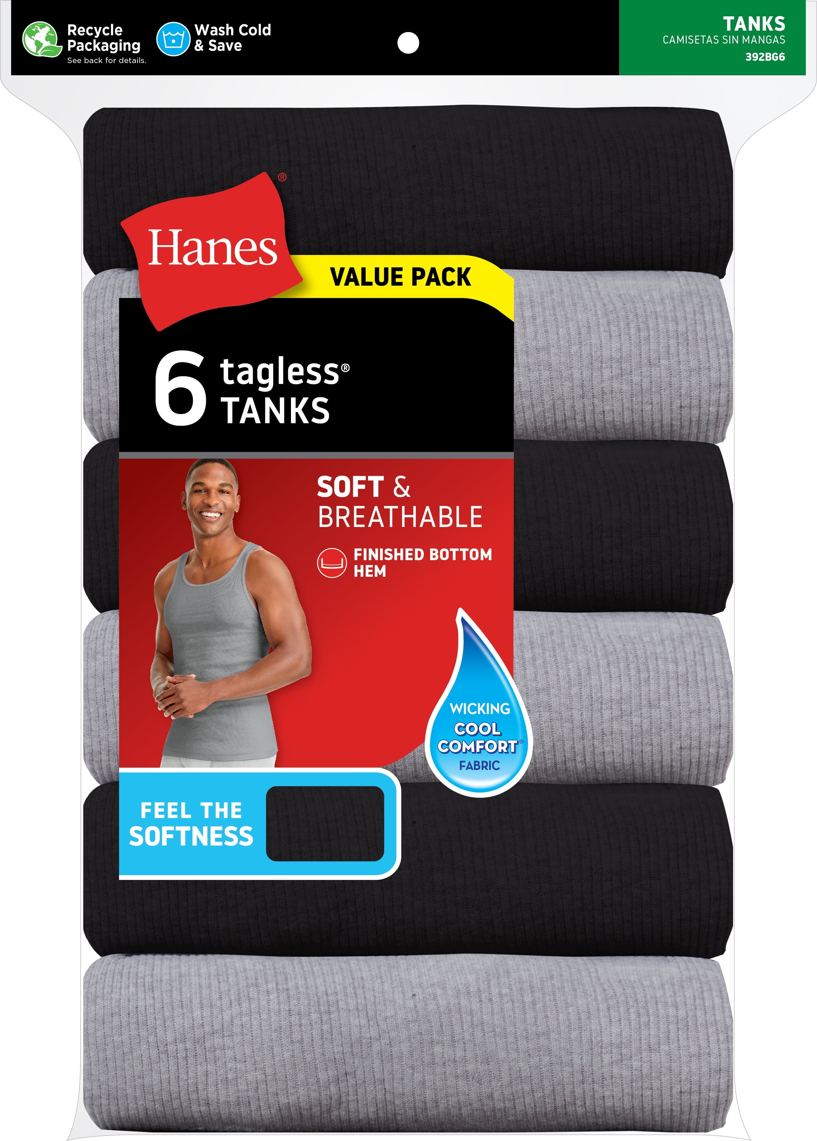 Hanes Men's Tank Tops Undershirt, Moisture-Wicking, Cotton Ribbed Tanks, White or Black/Grey Multipacks