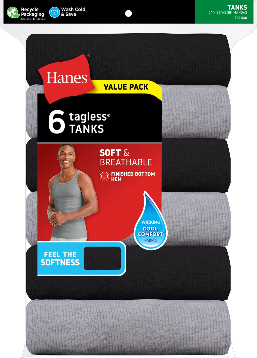 Hanes Men's Tank Tops Undershirt, Moisture-Wicking, Cotton Ribbed Tanks, White or Black/Grey Multipacks