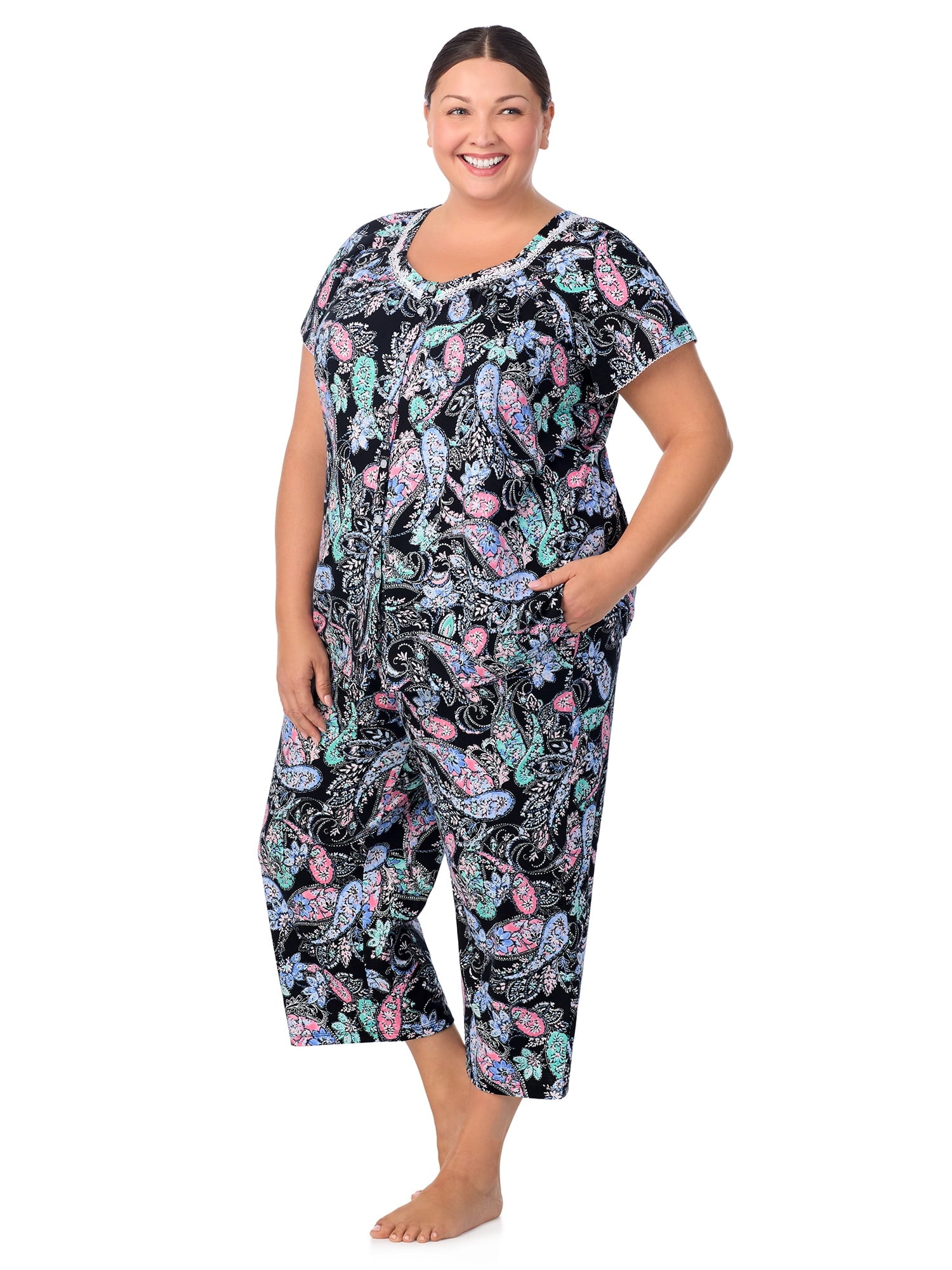 Aria Short Sleeve 100% Cotton Cropped Pajama Set with Pockets, Women’s Sizes S-3X