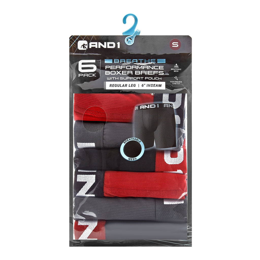 AND1 Men’s Underwear Breathe Performance Regular Leg Boxer Briefs, 6 Pack