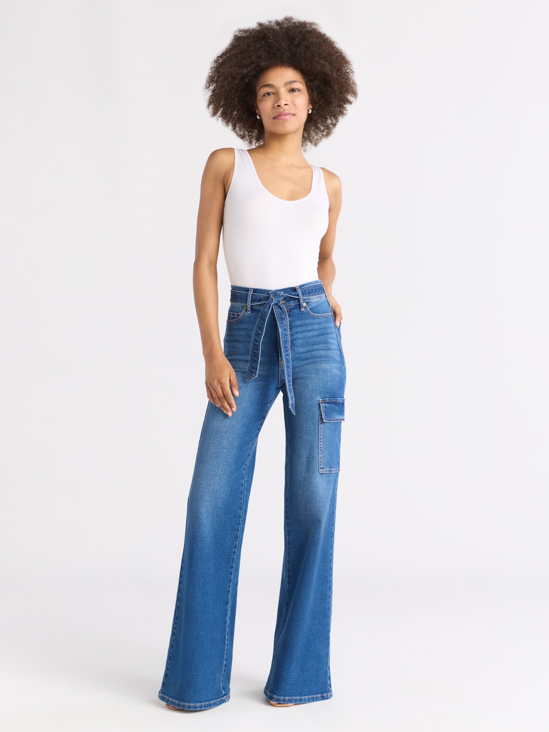 Sofia by Sofia Vergara Women's and Women's Plus Margot Wide Leg High Rise Cargo Jeans with Belt, Sizes 0-28W