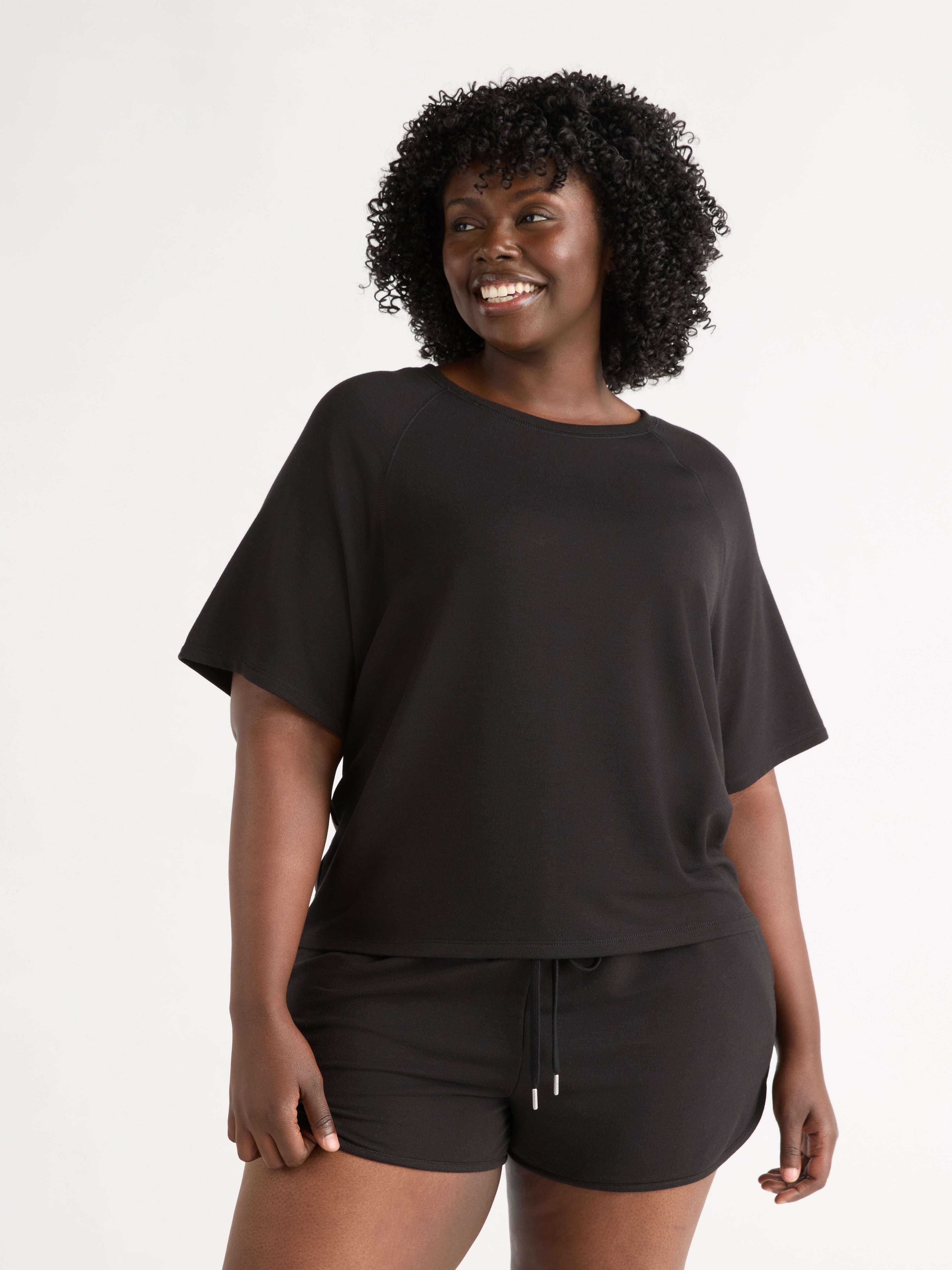 Joyspun Women's French Terry Short Sleeve Top and Shorts Pajama Set, 2-Piece, Sizes XS-3X