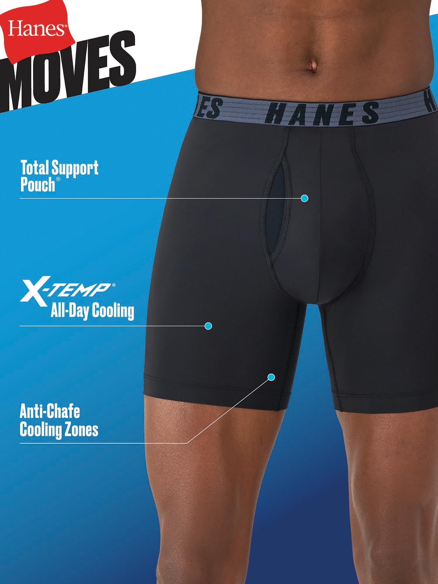 Hanes Moves Men’s Anti-Chafe Boxer Brief, Total Support Pouch, Assorted, 3-Pack, 6" Inseam