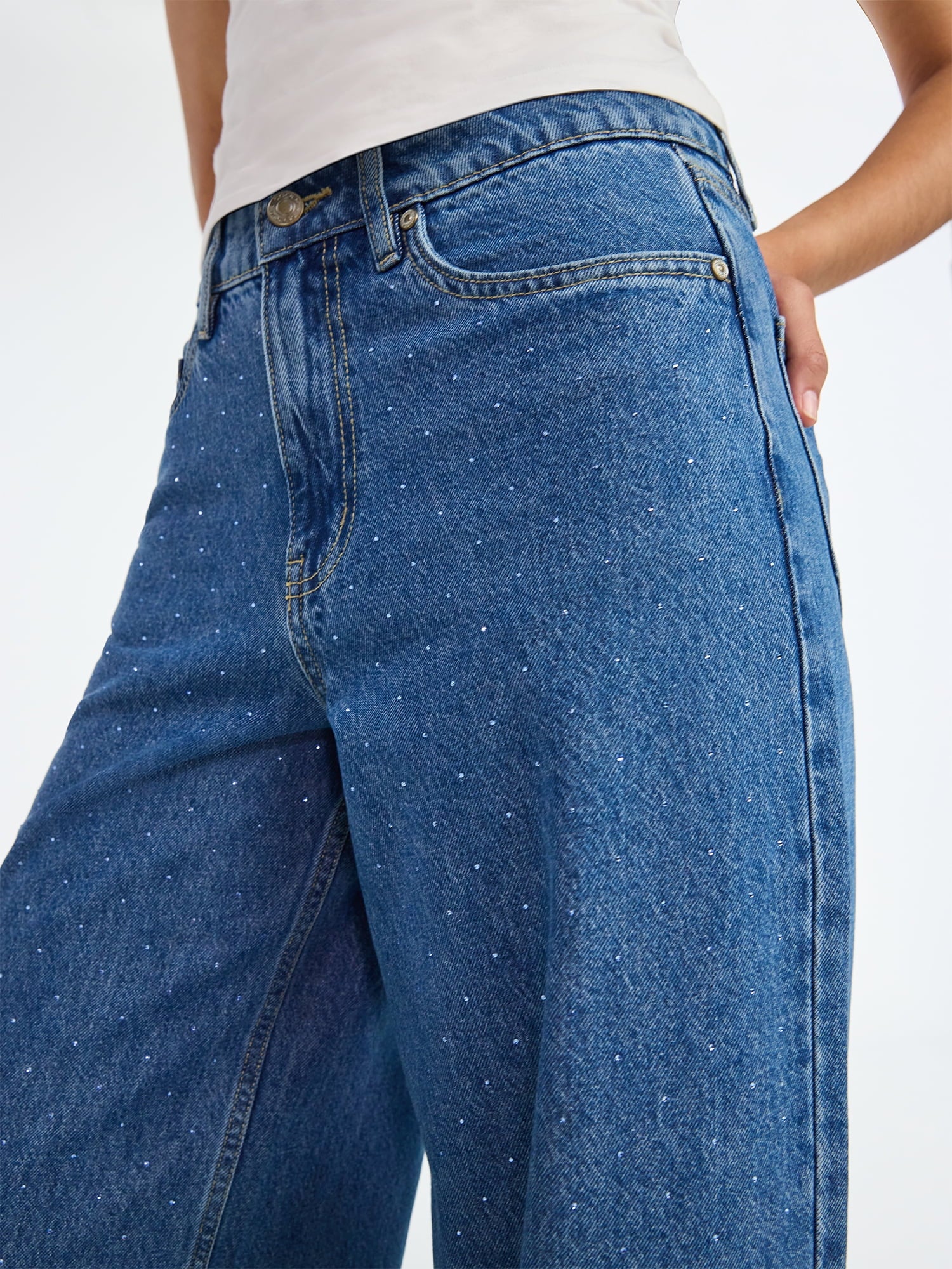 Scoop Women’s and Women’s Plus Rhinestone Embellished Wide Leg Jeans, Sizes 0-26W