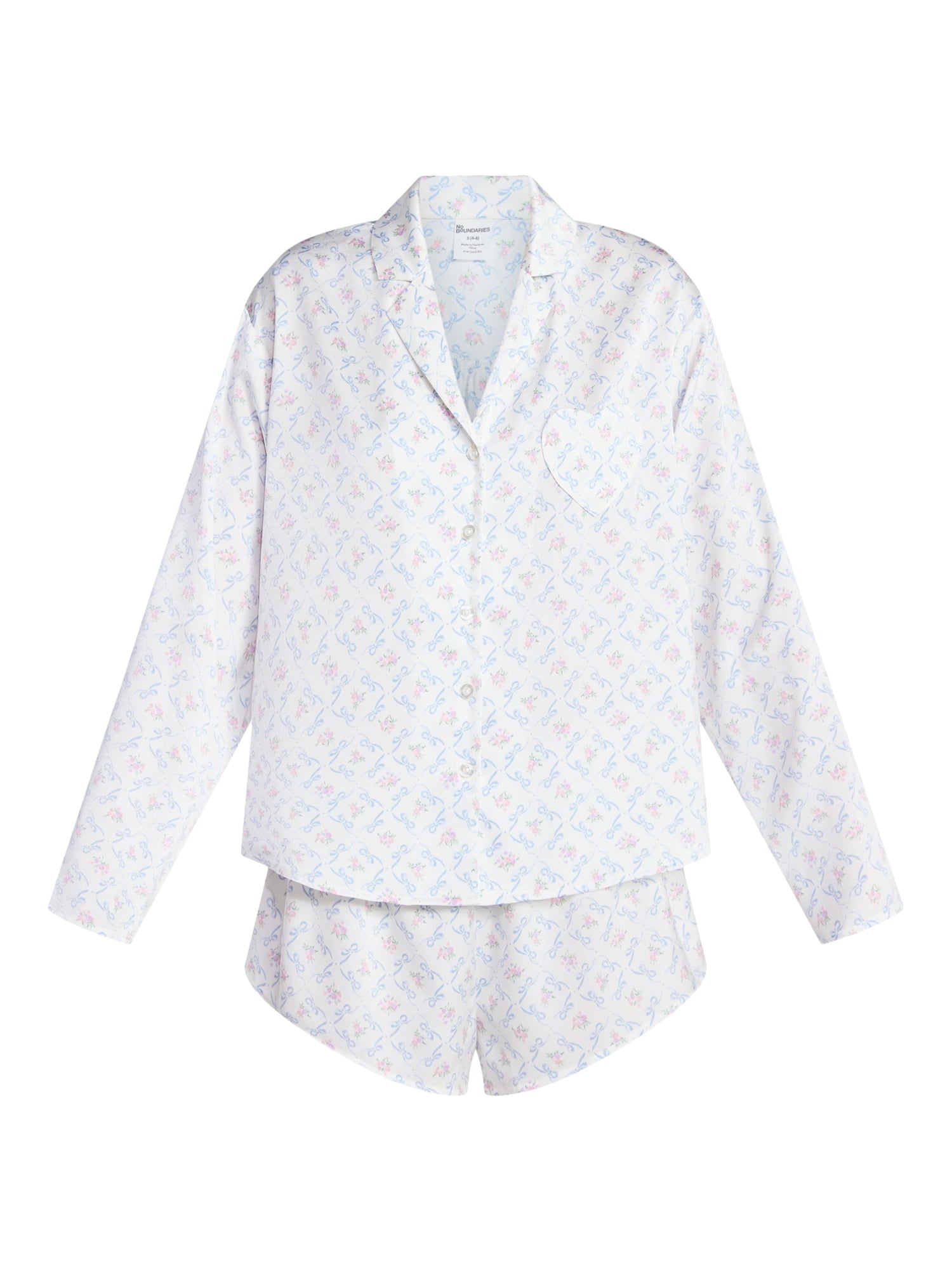 No Boundaries Sleepwear Satin Long Sleeve Button-Up Top and Shorts Set, 2-Piece, Women’s XS-XXL