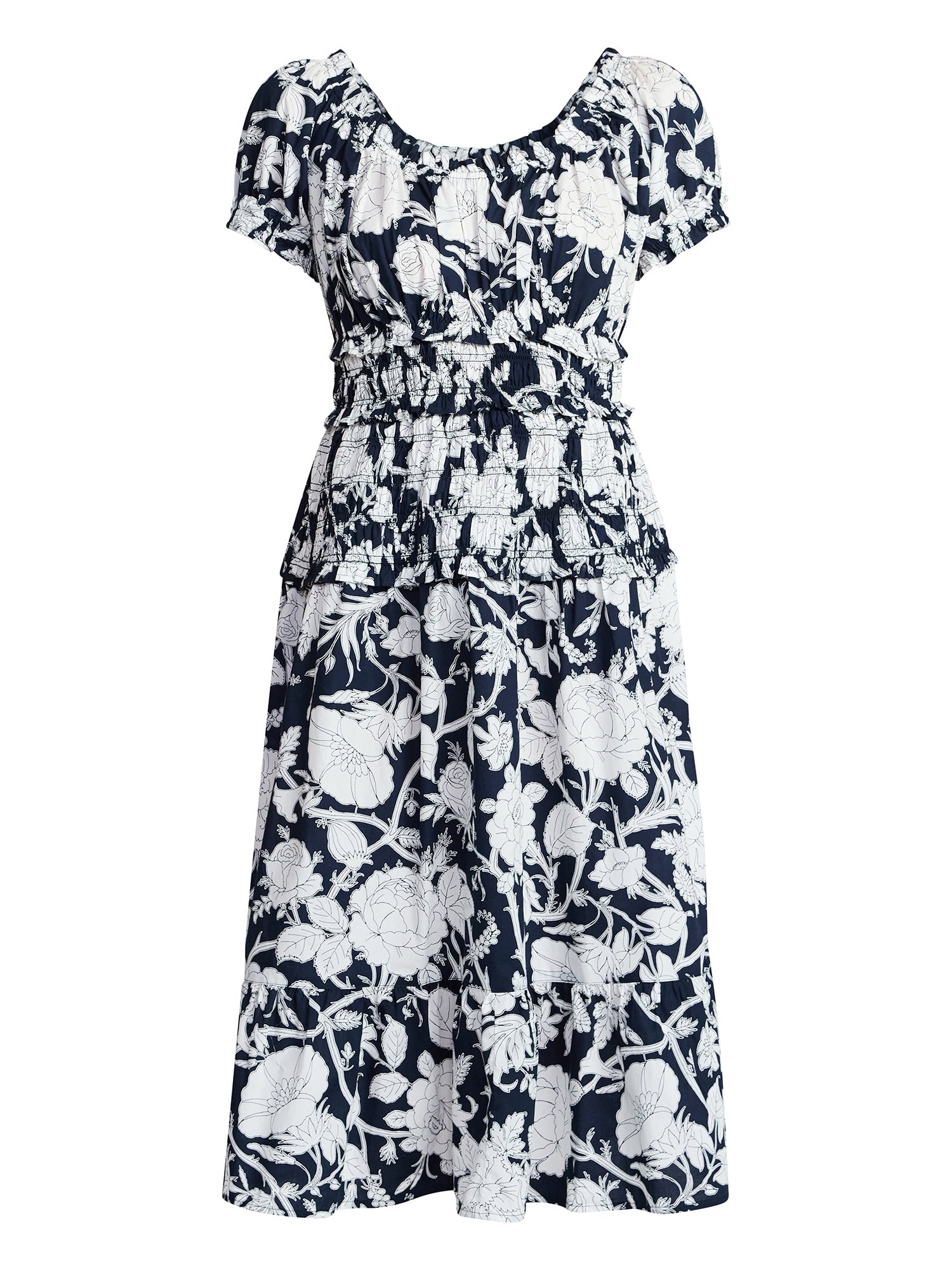 Time and Tru Women's Smocked Cotton Peasant Dress with Short Sleeves, Sizes XS-XXXL