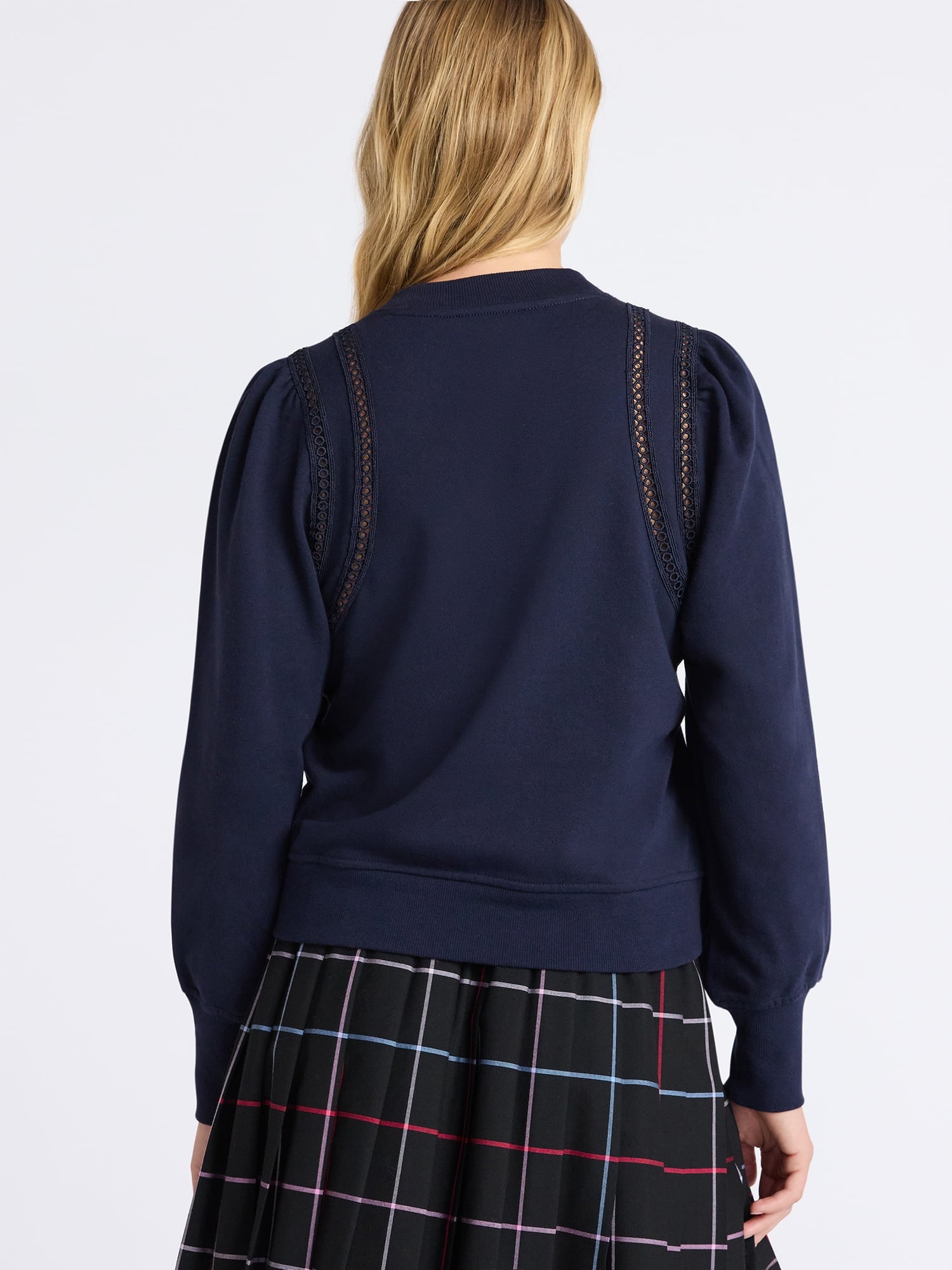 Free Assembly Women's French Terry Sweatshirt with Lace Inset and Long Puff Sleeves, Sizes XS-XXL