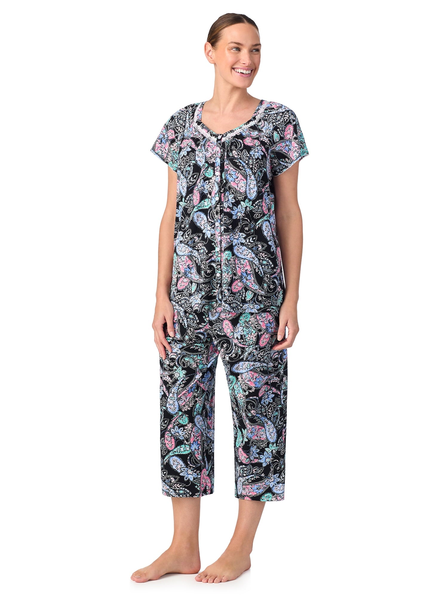 Aria Short Sleeve 100% Cotton Cropped Pajama Set with Pockets, Women’s Sizes S-3X