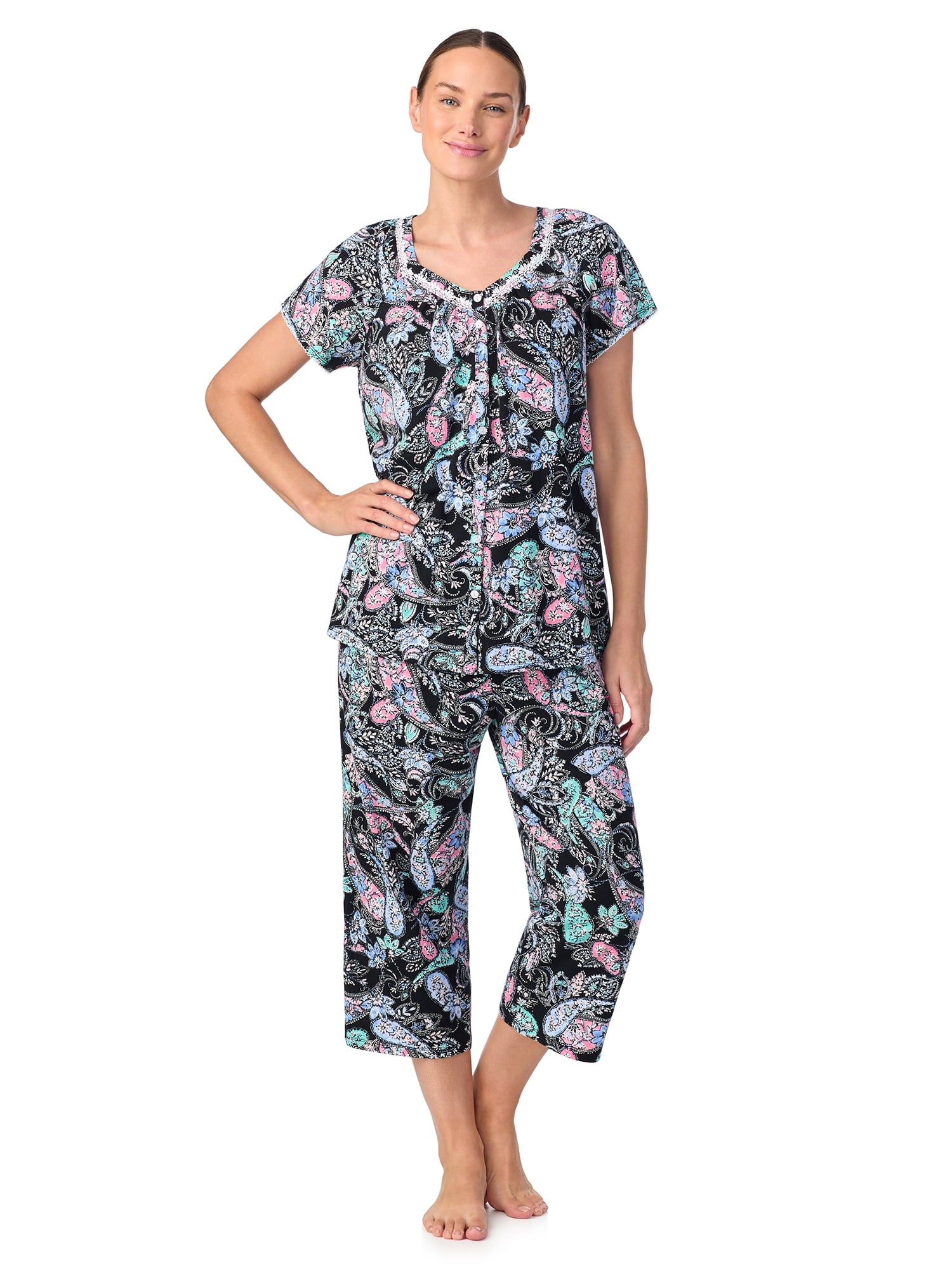Aria Short Sleeve 100% Cotton Cropped Pajama Set with Pockets, Women’s Sizes S-3X