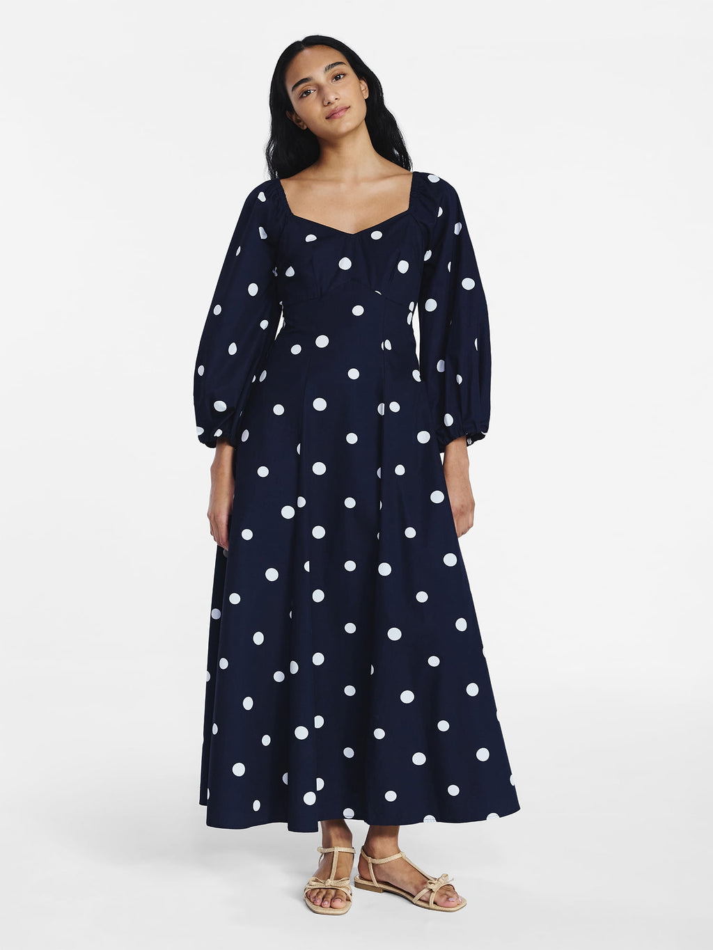 Free Assembly Women's and Women's Plus Cotton Polka Dot Maxi Dress with Puff Sleeves, Size-XS-4X