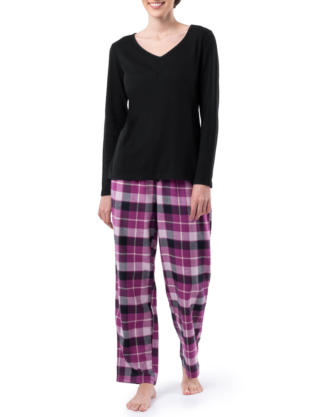 Fruit of the Loom Women's Beyond Soft Long Sleeve Waffle Top and Flannel Bottom Pajama Set, Sizes S-4X