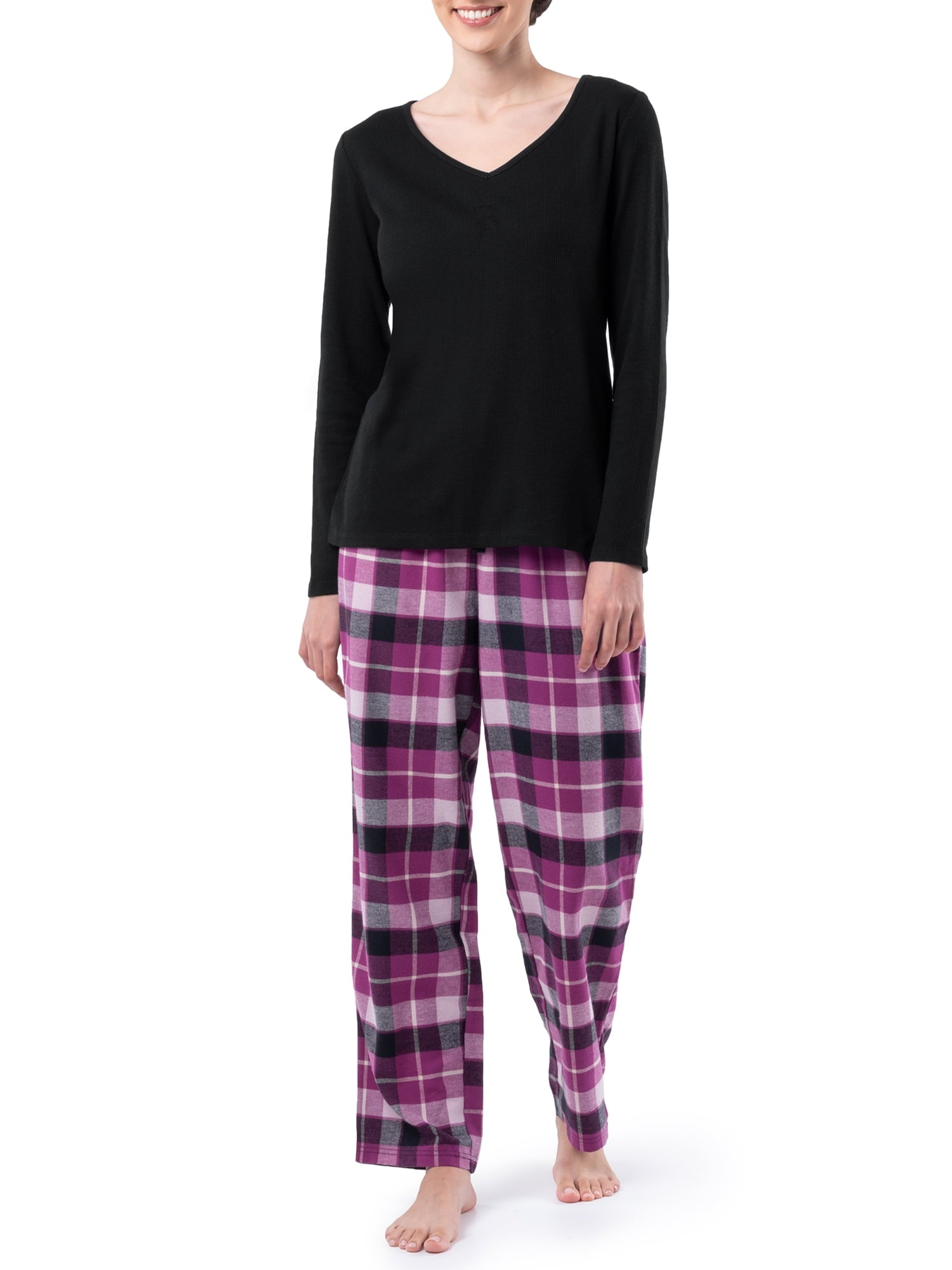 Fruit of the Loom Women's Beyond Soft Long Sleeve Waffle Top and Flannel Bottom Pajama Set, Sizes S-4X