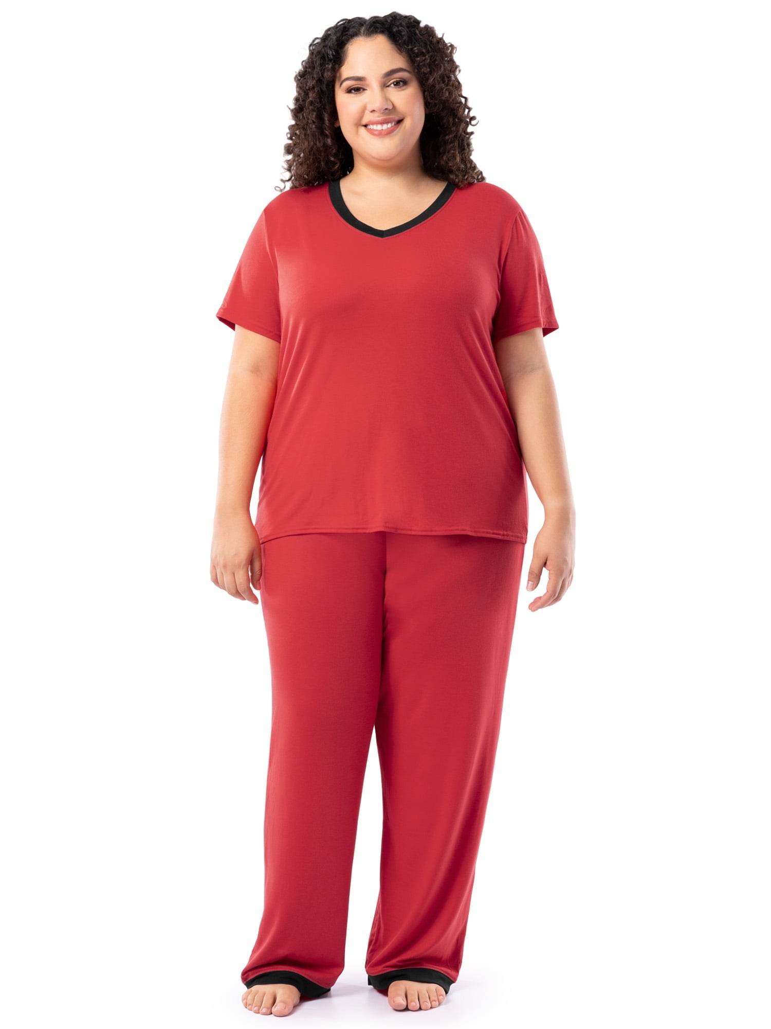 Fruit of the Loom Women's Soft & Breathable V-Neck Short Sleeve Top & Pajama Pant Set, Sizes S-4X