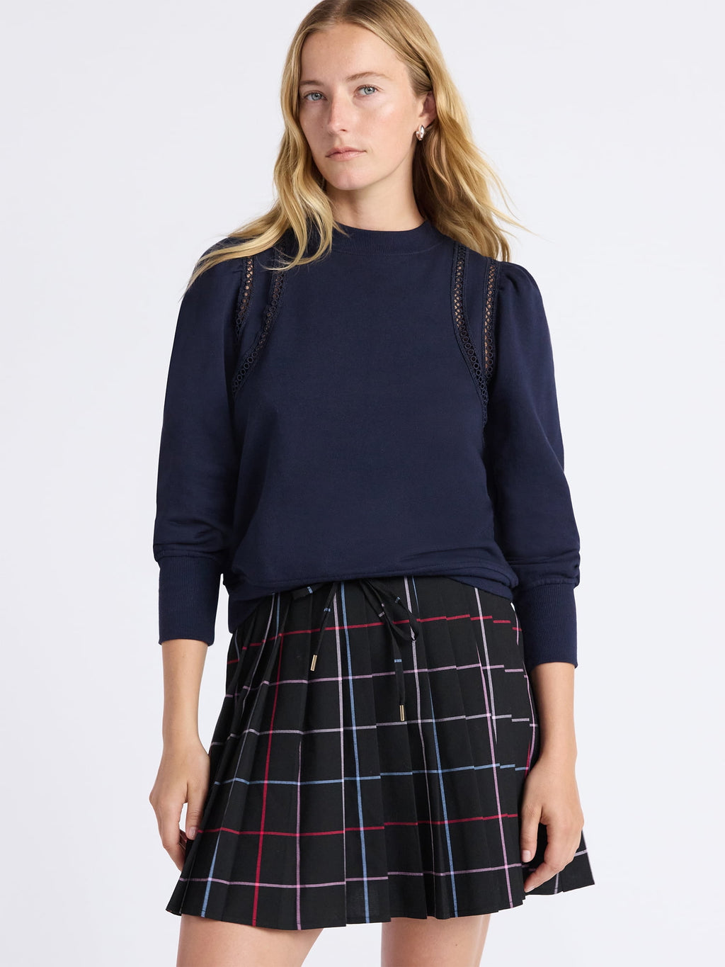 Free Assembly Women's French Terry Sweatshirt with Lace Inset and Long Puff Sleeves, Sizes XS-XXL