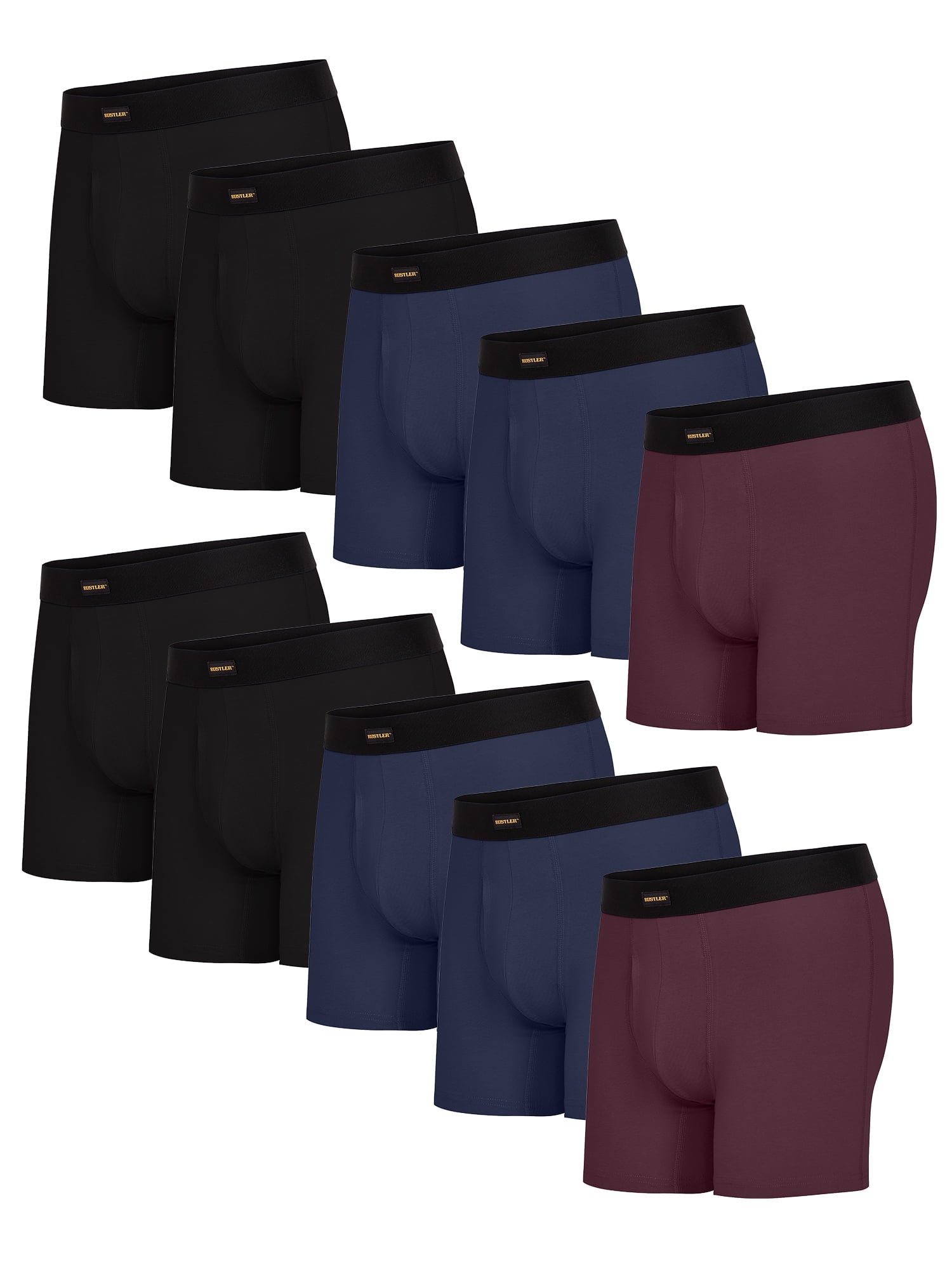Rustler Everyday Comfort Boxer Briefs for Men, Large, Black/Naval Academy/Fig, 10-Pack