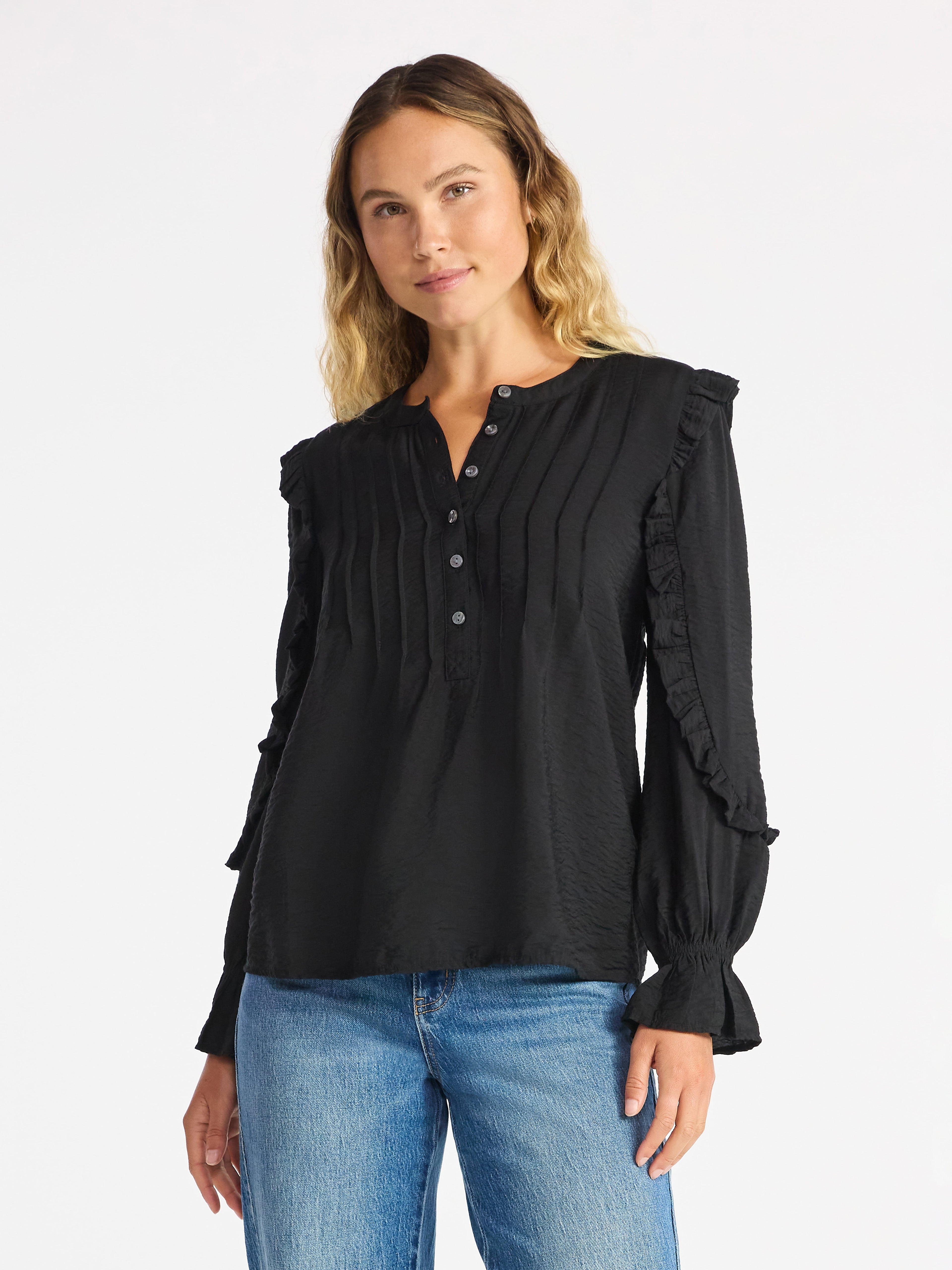 Time and Tru Women's Pintuck Ruffle Blouse with Long Sleeves, Sizes XS – XXXL