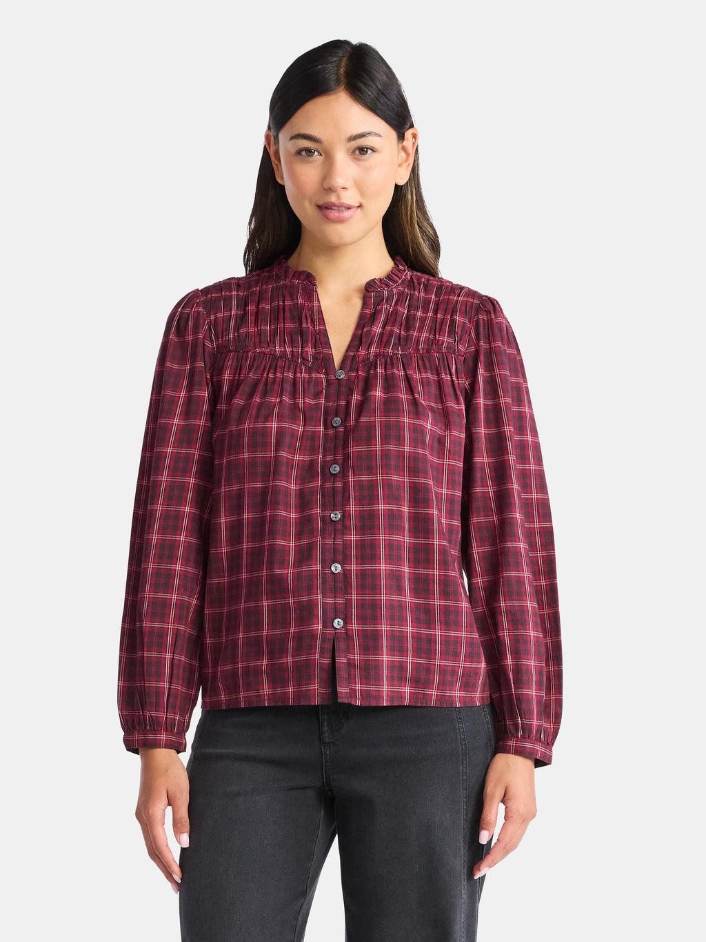 Time and Tru Women's Ruched Yoke Blouse with Long Sleeves, Sizes XS-XXXL
