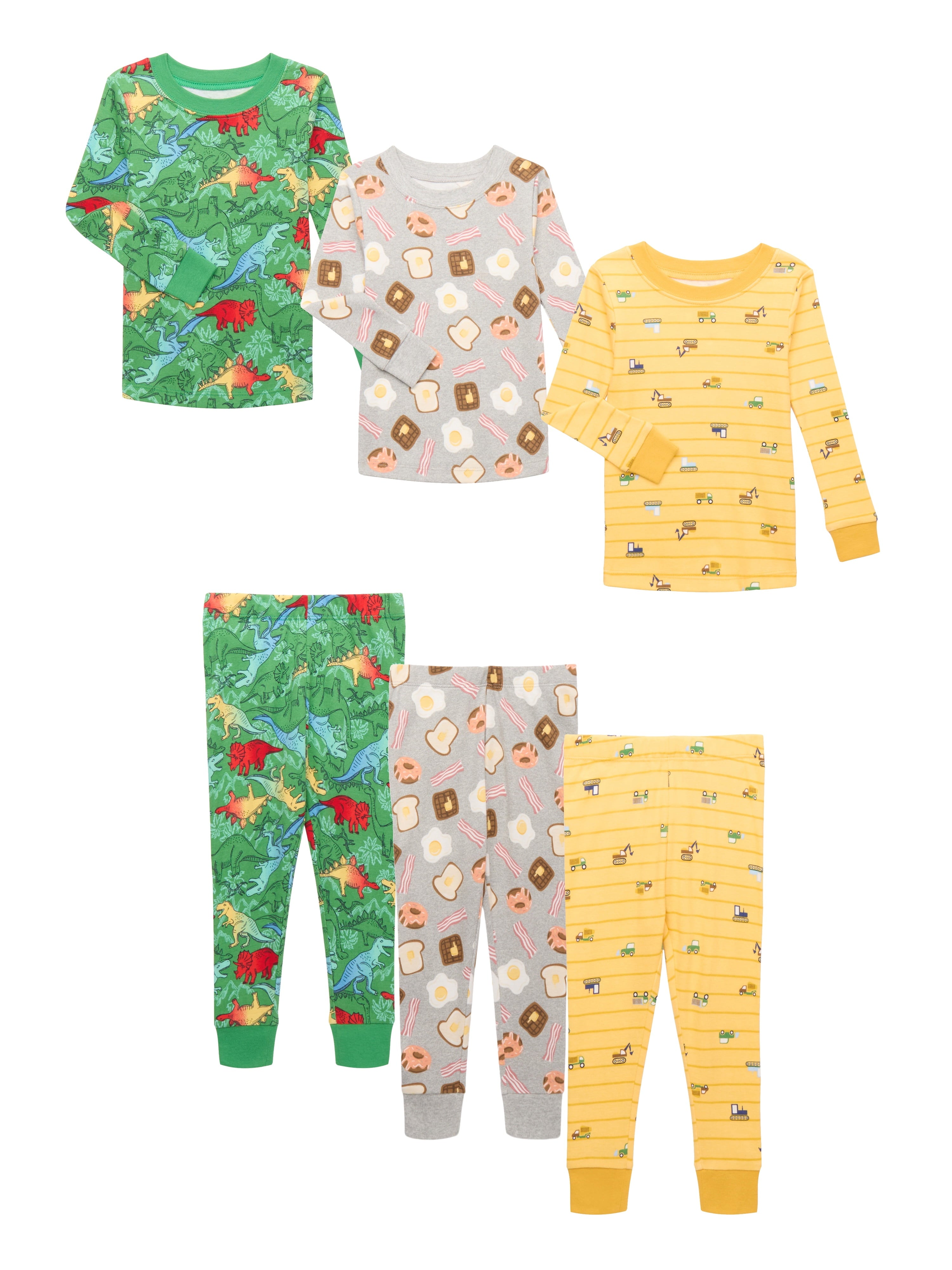 Wonder Nation Toddler Cotton Long Sleeve Tee and Pants Pajama 3-Pack Set, 6-Piece, Sizes 12M-5T