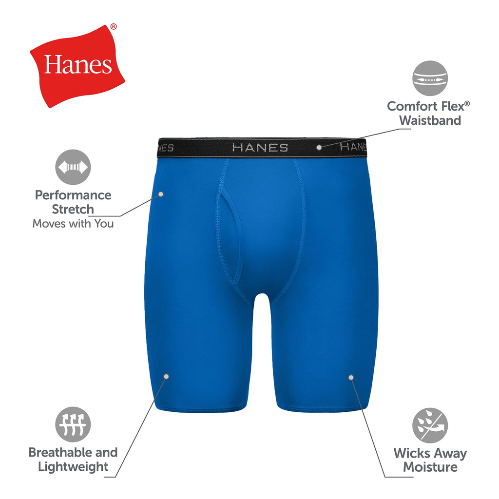Hanes Men’s Performance Stretch Long Leg Boxer Brief Underwear Pack, Assorted, 6-Pack