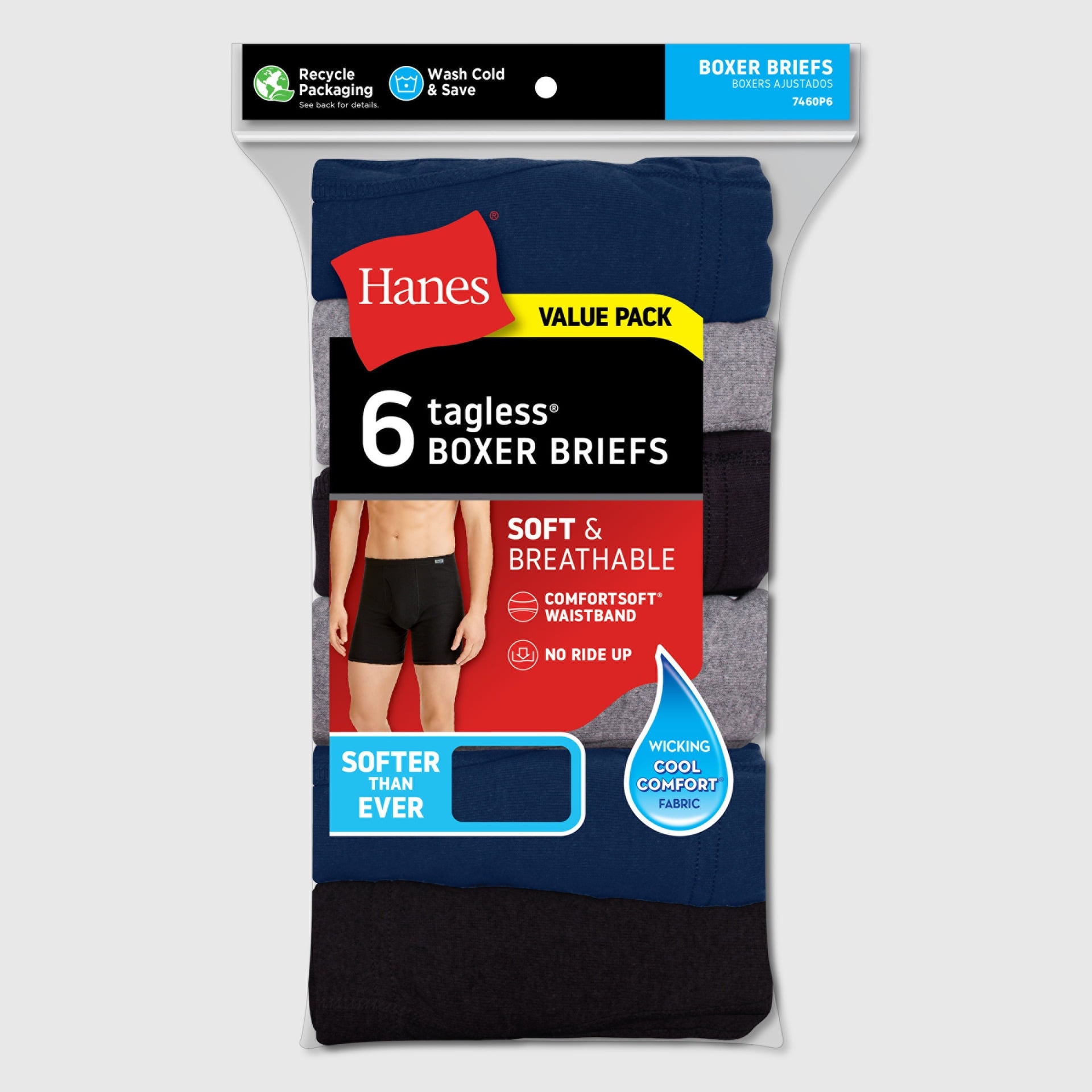 Hanes Men's Value Pack Covered Waistband Boxer Briefs, 6 Pack