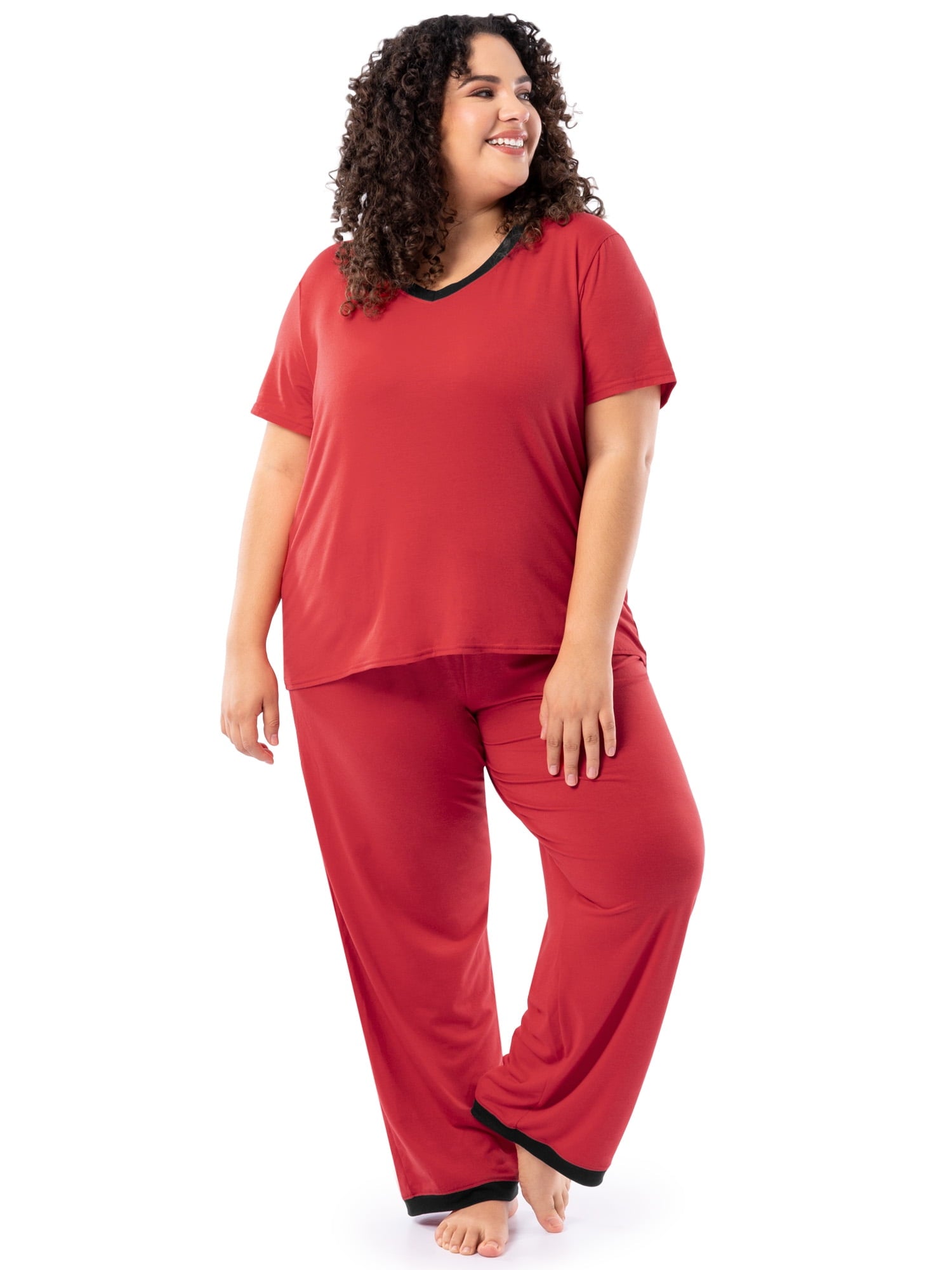 Fruit of the Loom Women's Soft & Breathable V-Neck Short Sleeve Top & Pajama Pant Set, Sizes S-4X