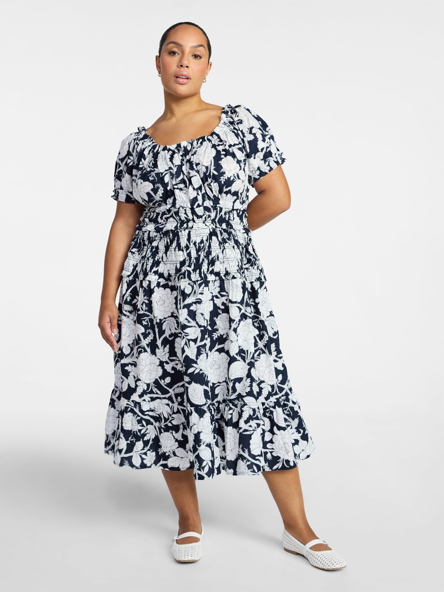 Time and Tru Women's Smocked Cotton Peasant Dress with Short Sleeves, Sizes XS-XXXL