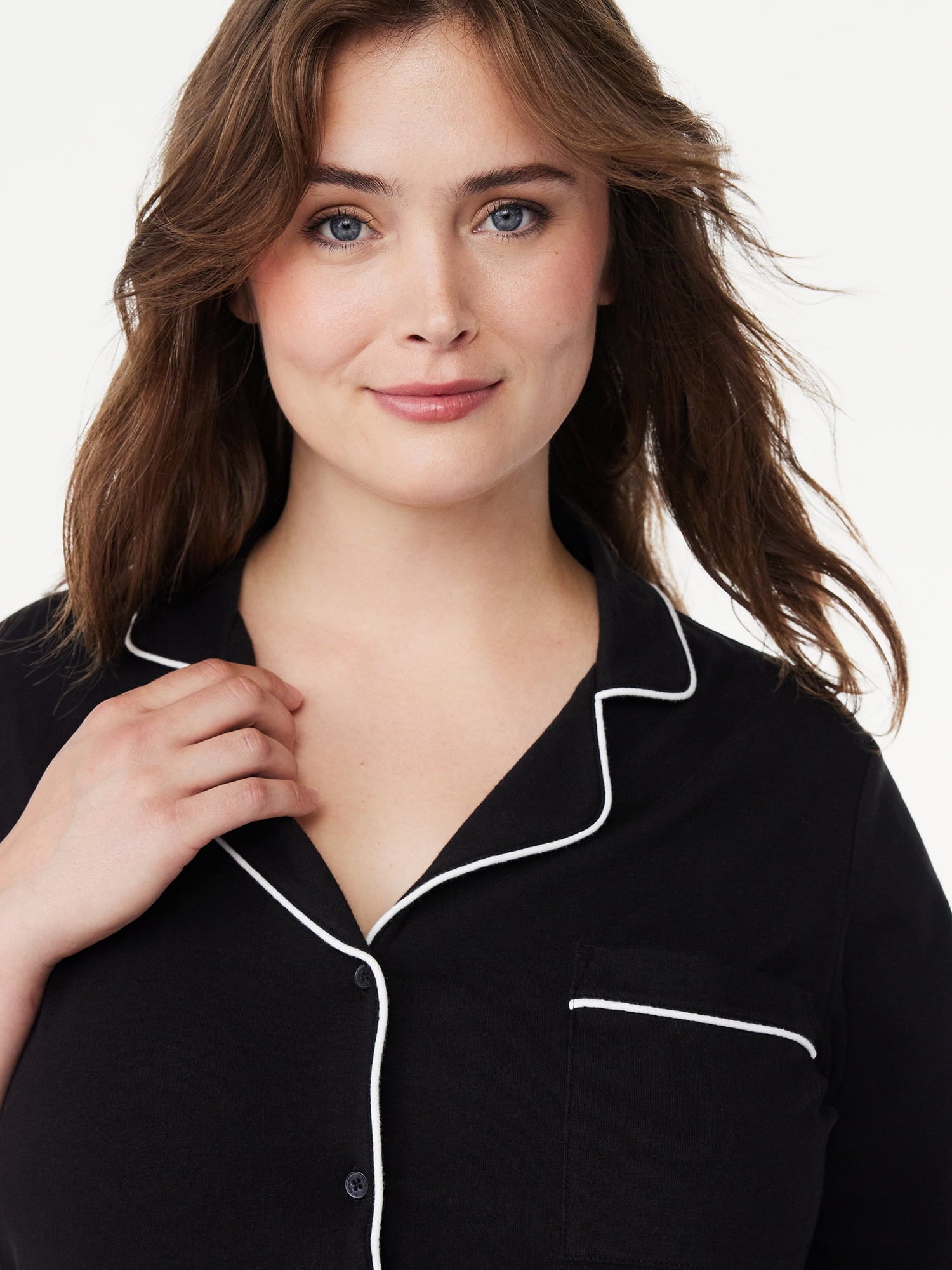 Joyspun Women’s Cotton Blend Notch Collar Top and Pants Pajama Set, 2-Piece, Sizes S-4X