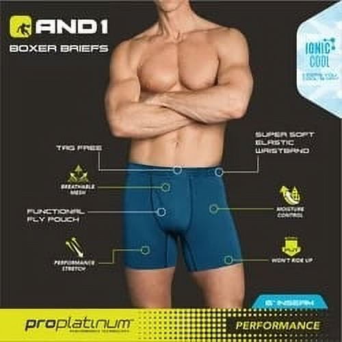 AND1 Men's Underwear Pro Platinum Boxer Briefs, 6 Pack, 6"